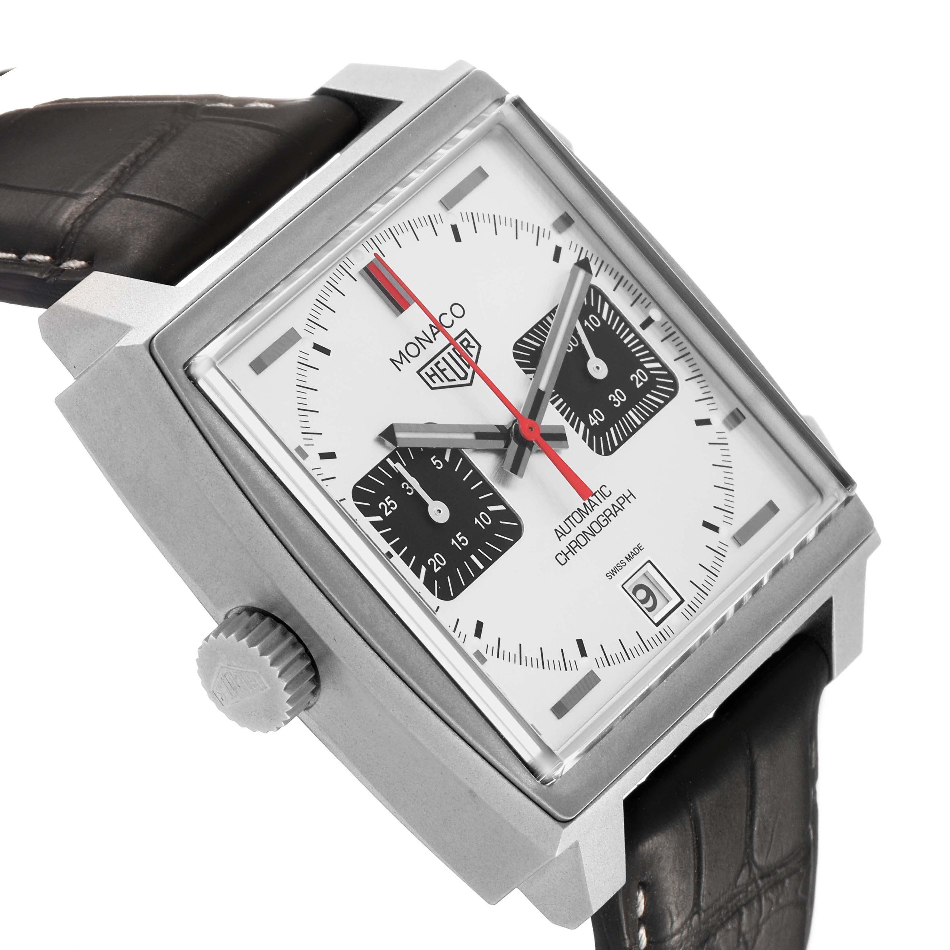 The Tag Heuer Monaco CAW218B.FC6496 Men's Titanium Silver Dial watch is shown at an angled front view highlighting the dial, crown, and leather strap.