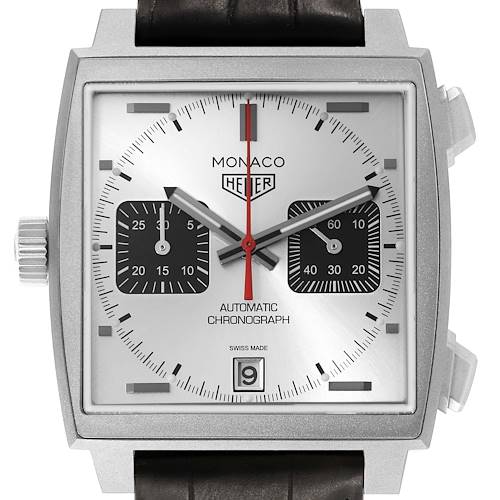 The Tag Heuer Monaco CAW218B.FC6496 Men's Titanium Silver Dial watch is shown from the front, displaying the dial, subdials, crown, and part of the strap.