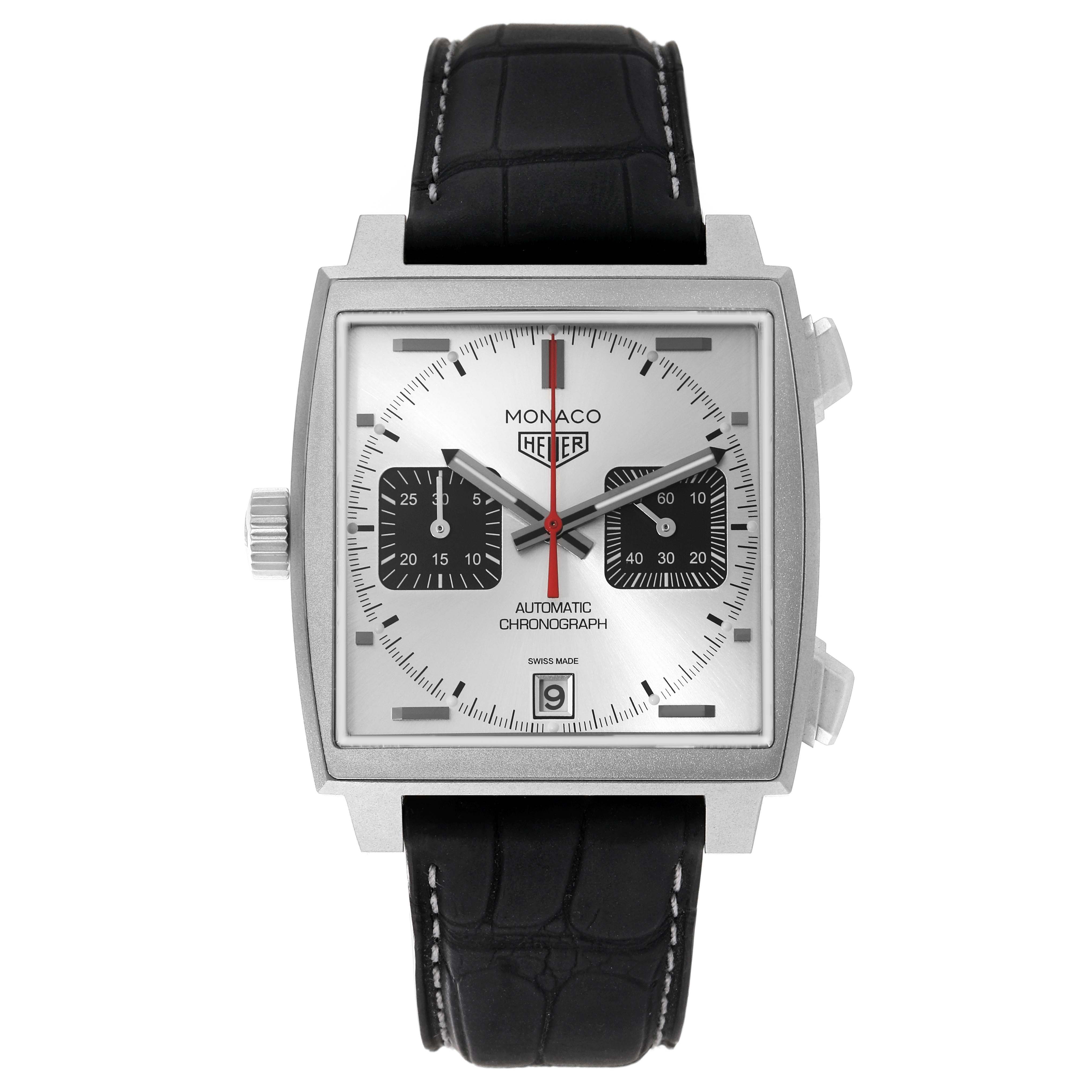 The Tag Heuer Monaco CAW218B.FC6496 Men's Titanium Silver Dial watch is shown from the front, displaying the face, subdials, and strap.