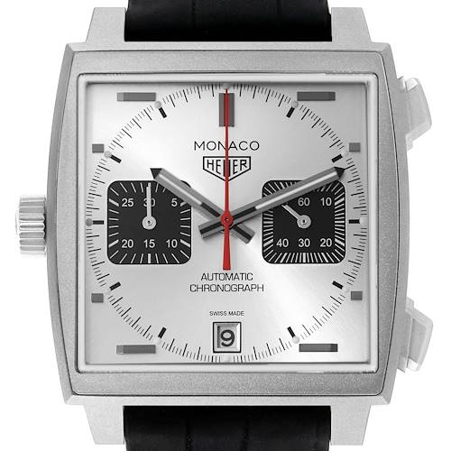 The Tag Heuer Monaco CAW218B.FC6496 Men's Titanium Silver Dial watch is shown from a front angle, displaying the square dial, subdials, date, and crown.