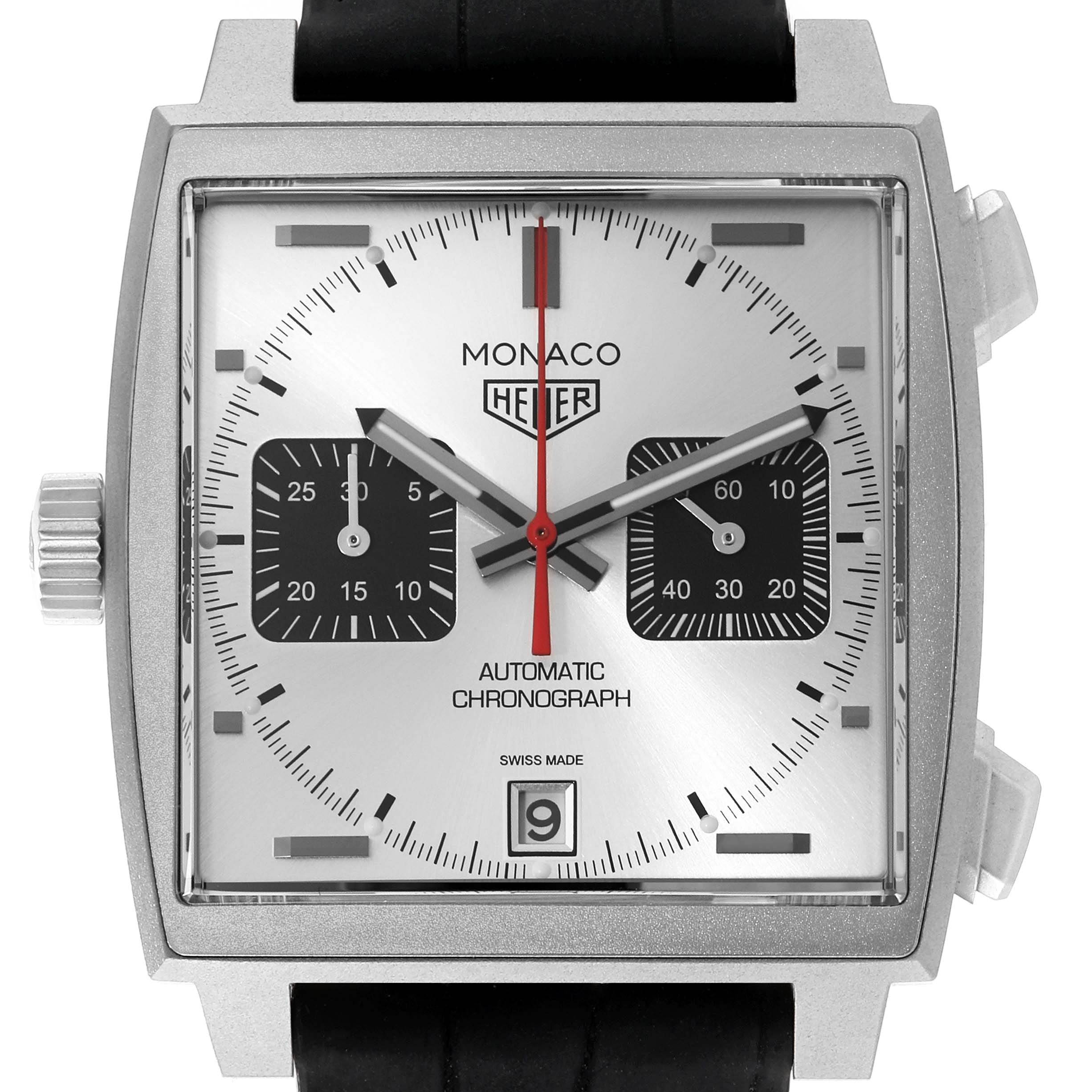This Tag Heuer Monaco CAW218B.FC6496 Men
s Titanium Silver Dial CAW218B.FC6496 Men
s Titanium Silver Dial watch is shown from a front angle, highlighting its square face, subdials, and black strap.