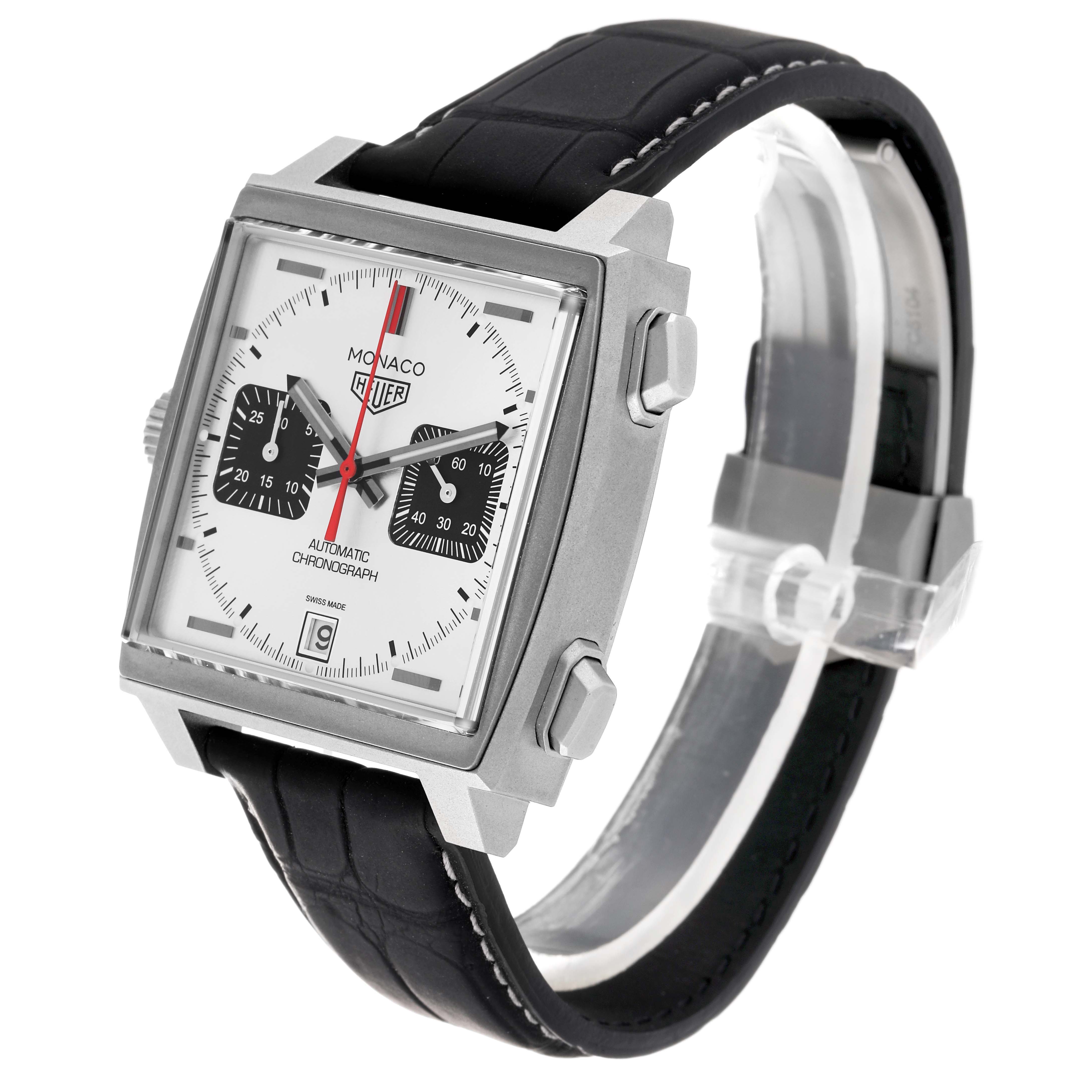 The Tag Heuer Monaco CAW218B.FC6496 Men's Titanium Silver Dial watch is shown at a three-quarter angle, highlighting the face, crown, pushers, and leather strap.