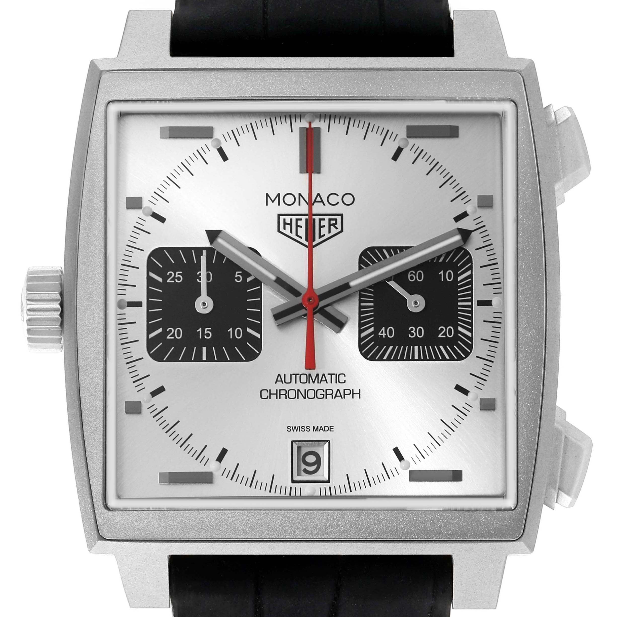 The Tag Heuer Monaco CAW218B.FC6496 Men's Titanium Silver Dial watch is shown straight-on, highlighting its square face, subdials, crown, and strap.