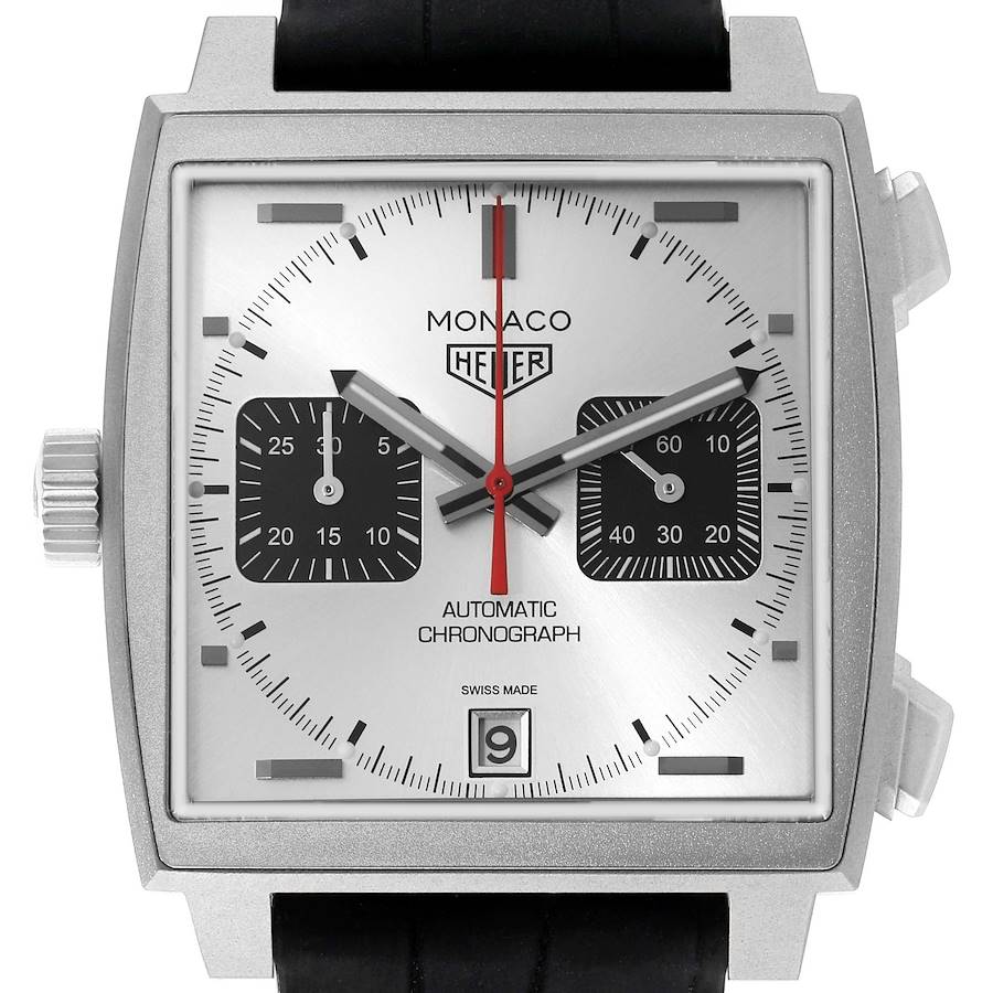 The Tag Heuer Monaco CAW218B.FC6496 Men's Titanium Silver Dial watch is shown straight-on, highlighting its square face, subdials, crown, and strap.