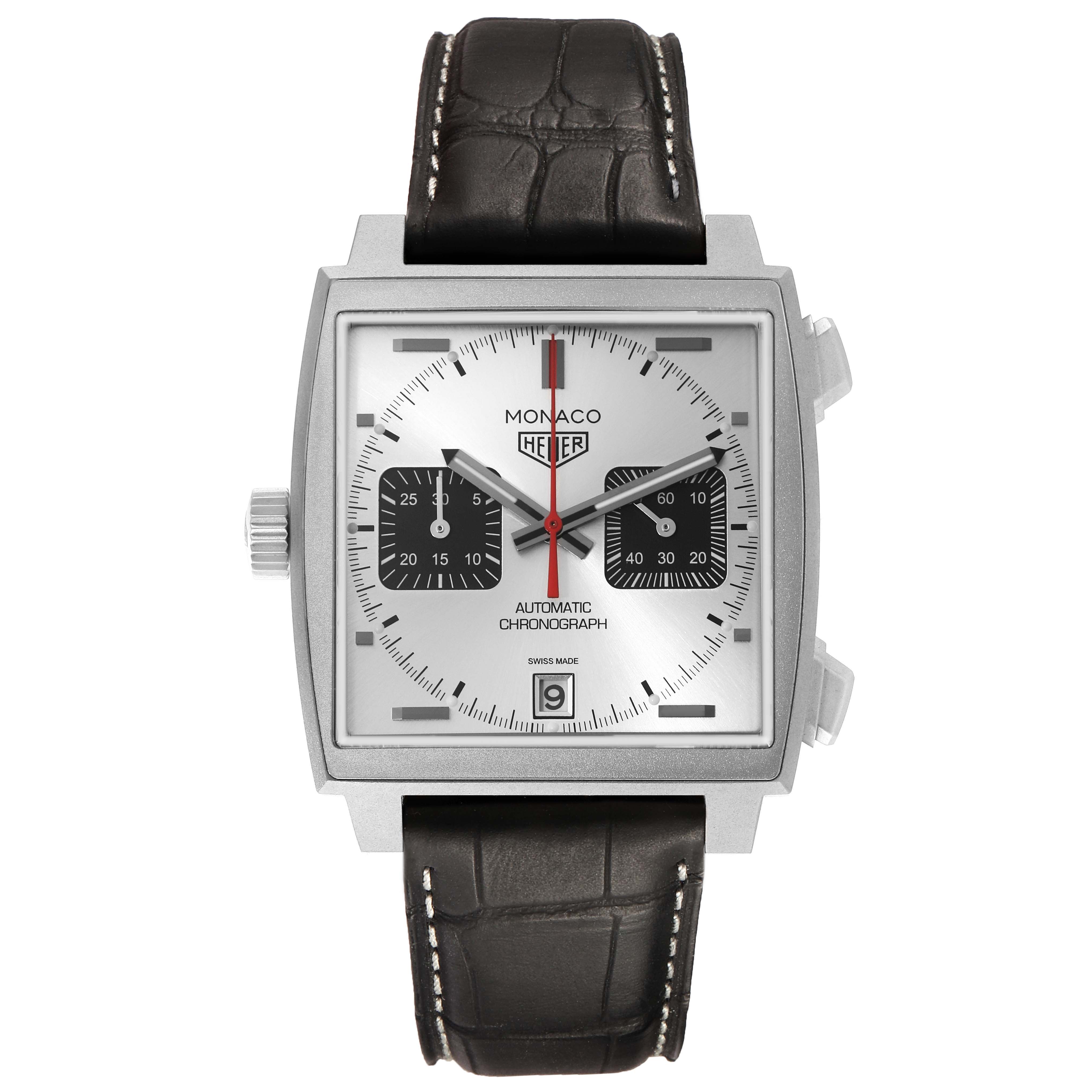 The Tag Heuer Monaco CAW218B.FC6496 Men's Titanium Silver Dial watch is shown from a front view, highlighting its square case, black dial, and black leather strap.