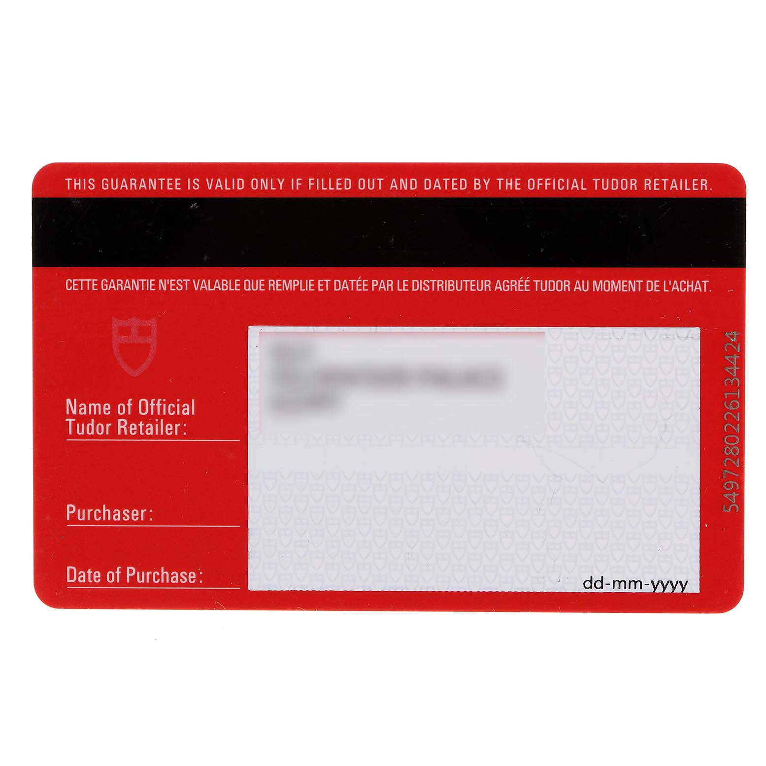 This image shows the guarantee card for the Tudor 20310 Women
s Stainless Steel White Dial 20310 Women
s Stainless Steel White Dial Grantour Fuchsia Strap Steel Diamond Unisex Watch 20310 Unworn model.