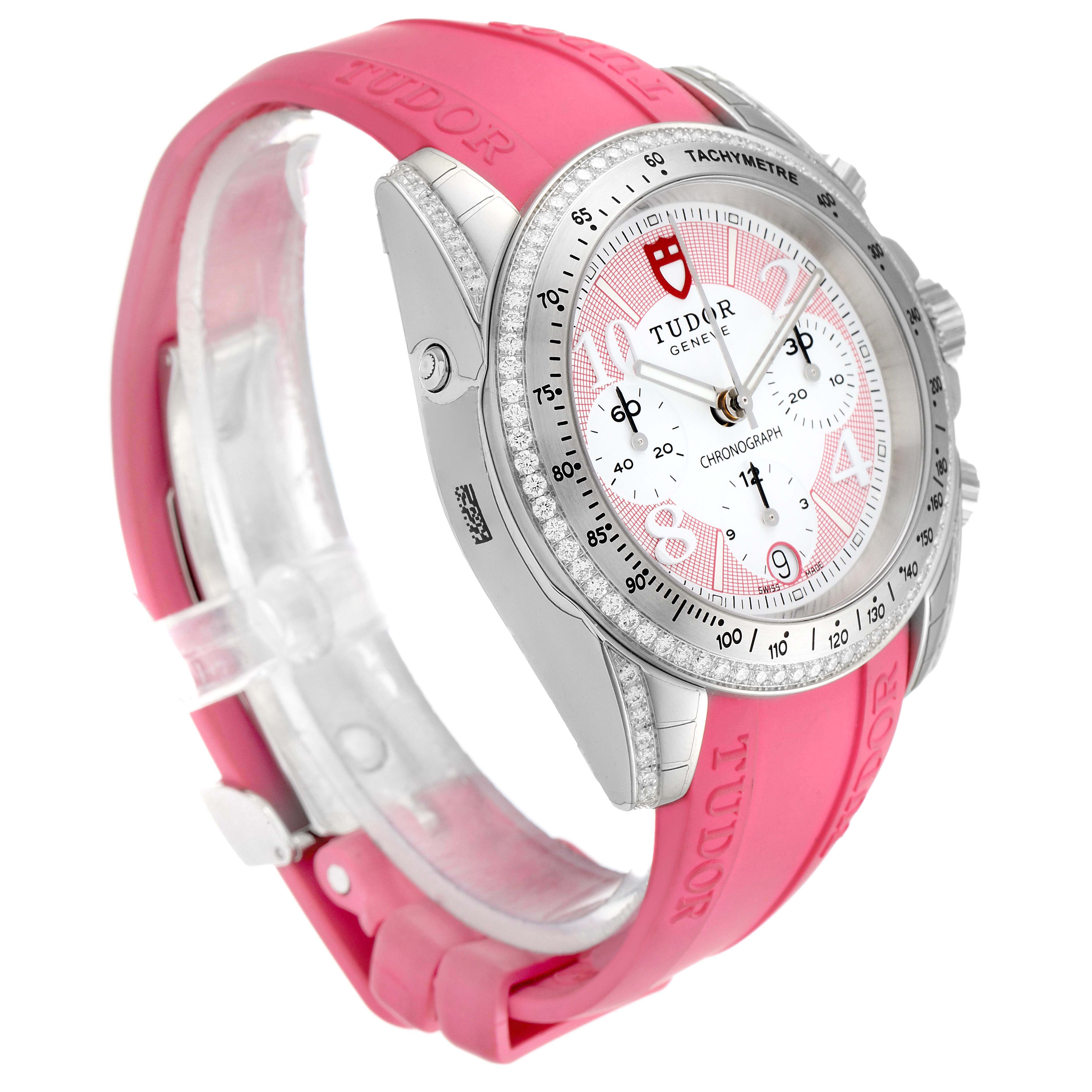 The Tudor 20310 Women
s Stainless Steel White Dial 20310 Women
s Stainless Steel White Dial Grantour Fuchsia Strap Steel Diamond Unisex Watch 20310 Unworn is shown at an angle highlighting the strap, dial, and chronograph.