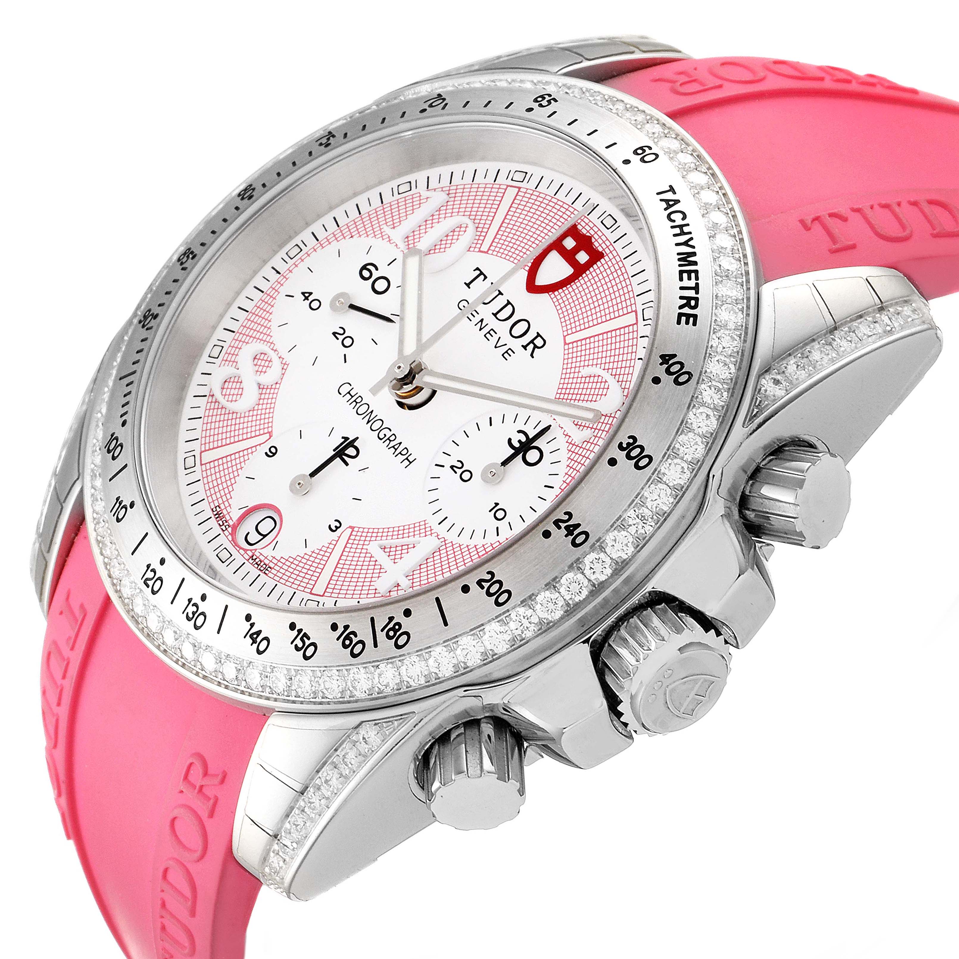 The Tudor 20310 Women
s Stainless Steel White Dial 20310 Women
s Stainless Steel White Dial Grantour Fuchsia Strap Steel Diamond Unisex Watch 20310 is shown at an angle displaying the face, bezel, crown, and strap.