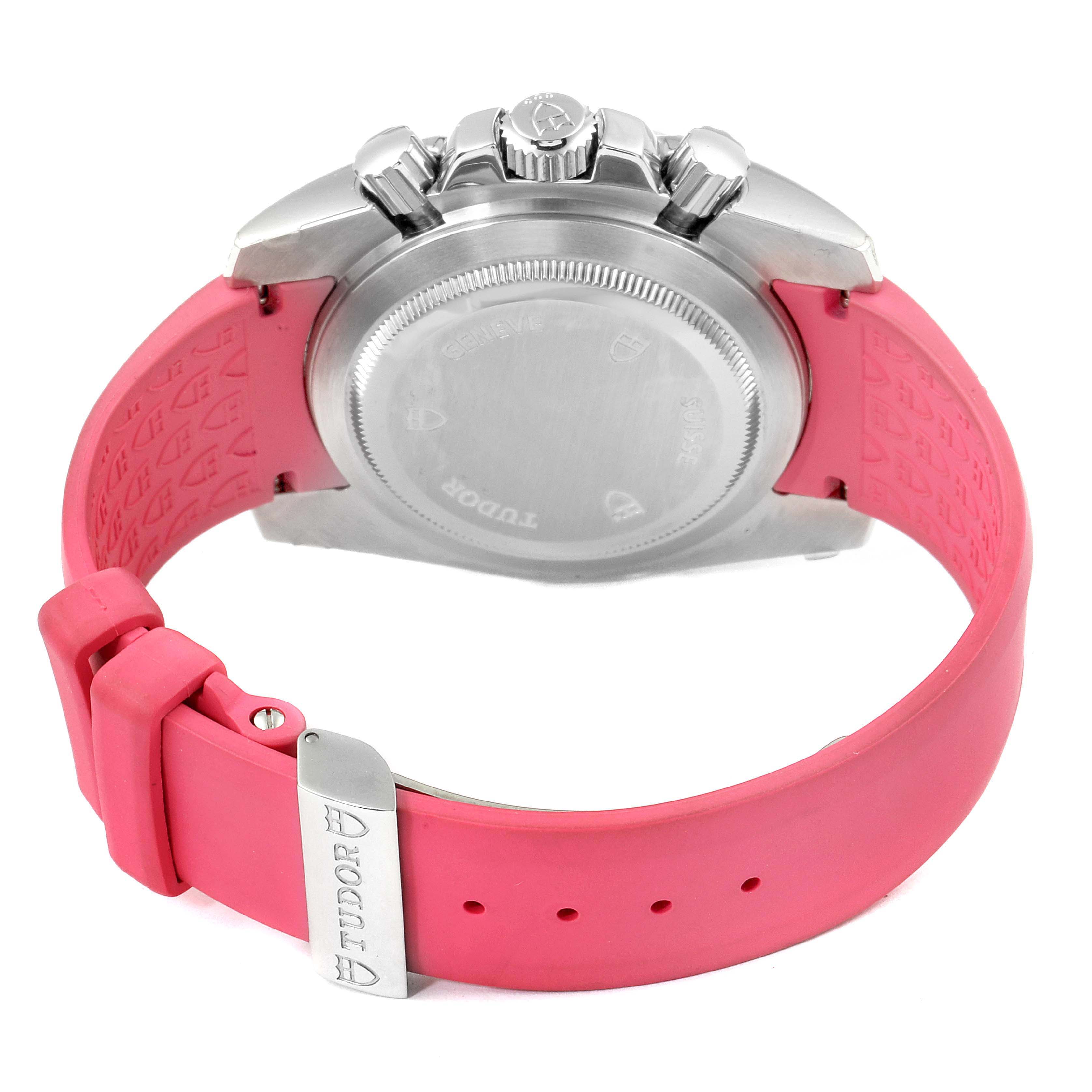 The image shows the back side of the Tudor 20310 Women
s Stainless Steel White Dial 20310 Women
s Stainless Steel White Dial Grantour Fuchsia Strap Steel Diamond Unisex Watch 20310, highlighting the case back and strap.