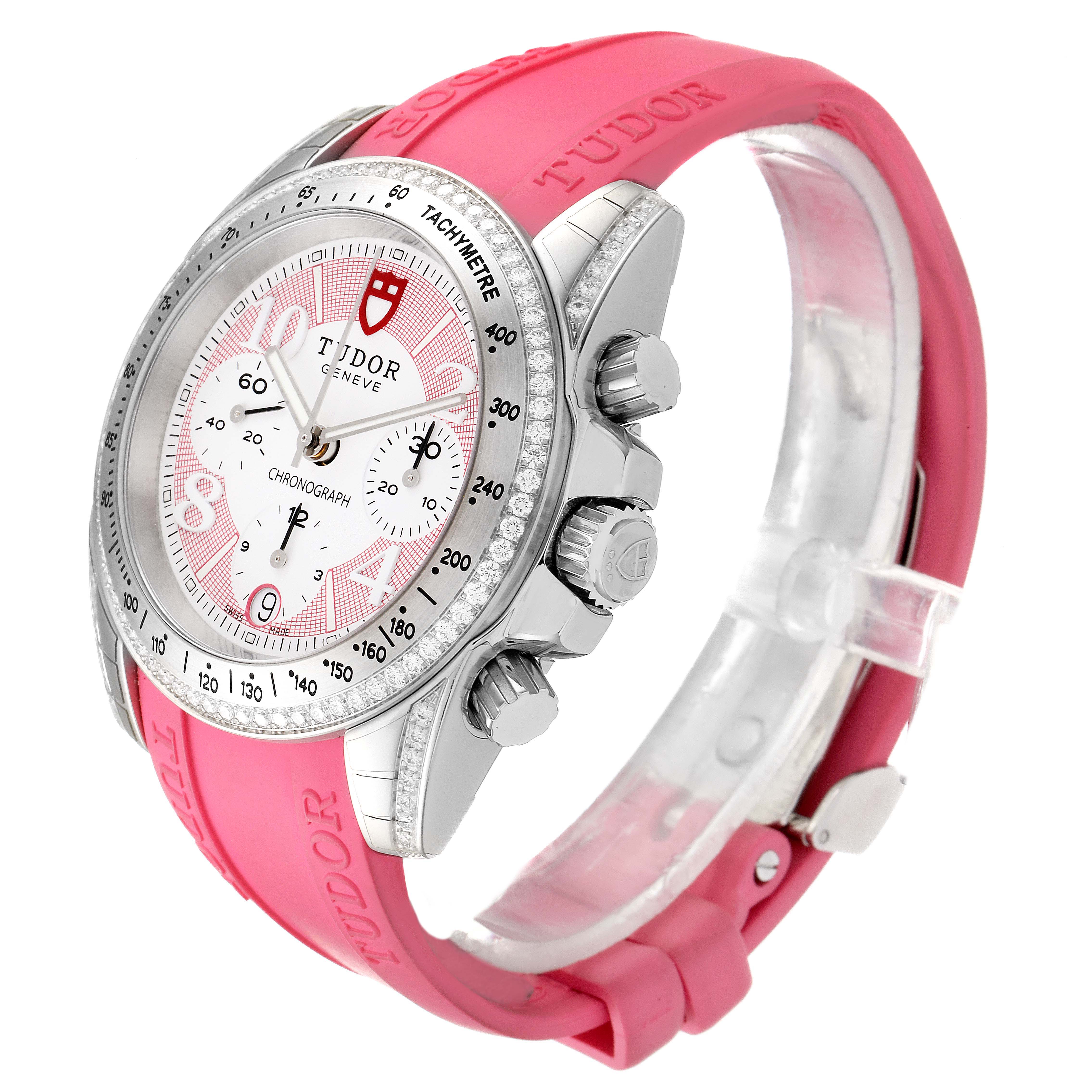 The image shows a Tudor 20310 Women
s Stainless Steel White Dial 20310 Women
s Stainless Steel White Dial Grantour Fuchsia Strap Steel Diamond Unisex Watch 20310 from a three-quarter angle highlighting its dial, strap, and bezel.