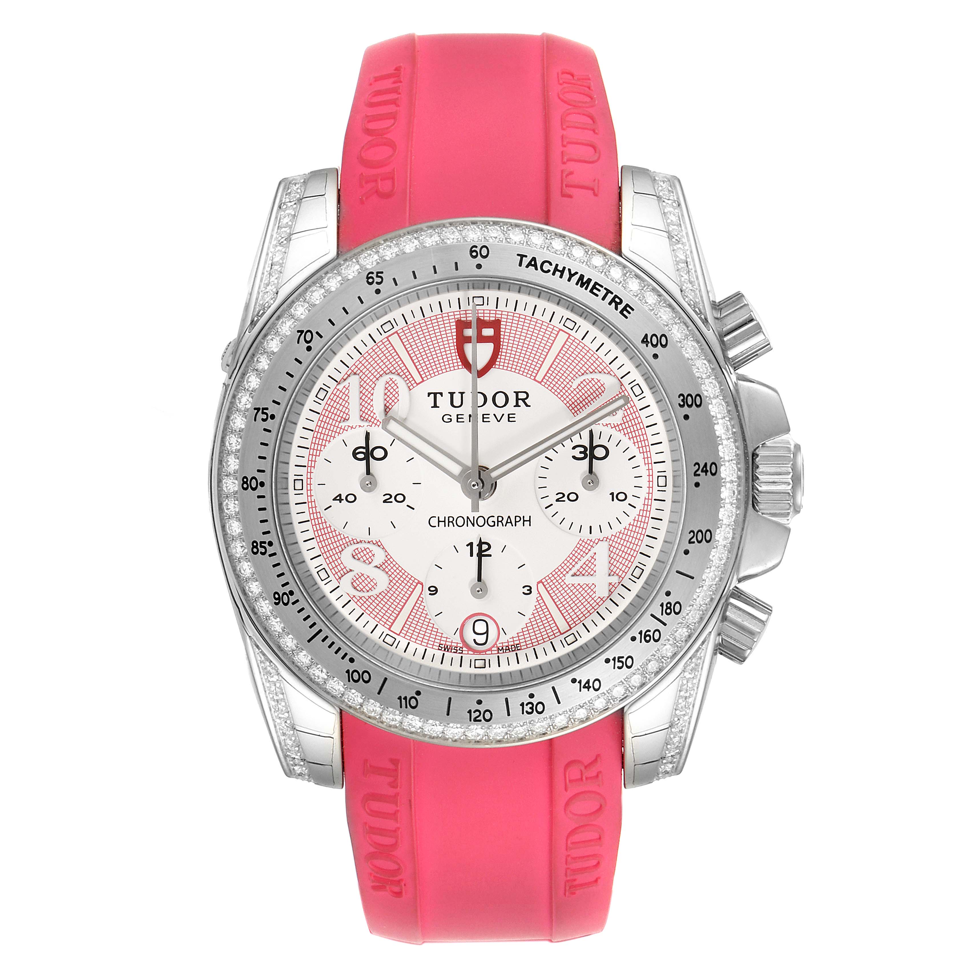This image shows a frontal view of the Tudor 20310 Women
s Stainless Steel White Dial 20310 Women
s Stainless Steel White Dial Grantour Fuchsia Strap Steel Diamond Unisex Watch 20310 Unworn model, highlighting the dial and strap.