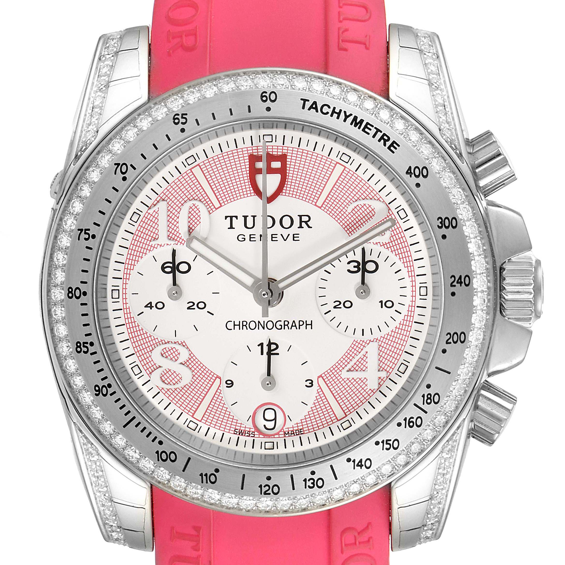 The image shows a front view of the Tudor 20310 Women
s Stainless Steel White Dial 20310 Women
s Stainless Steel White Dial Grantour Fuchsia Strap Steel Diamond Unisex Watch 20310, displaying the dial, bezel, and strap.