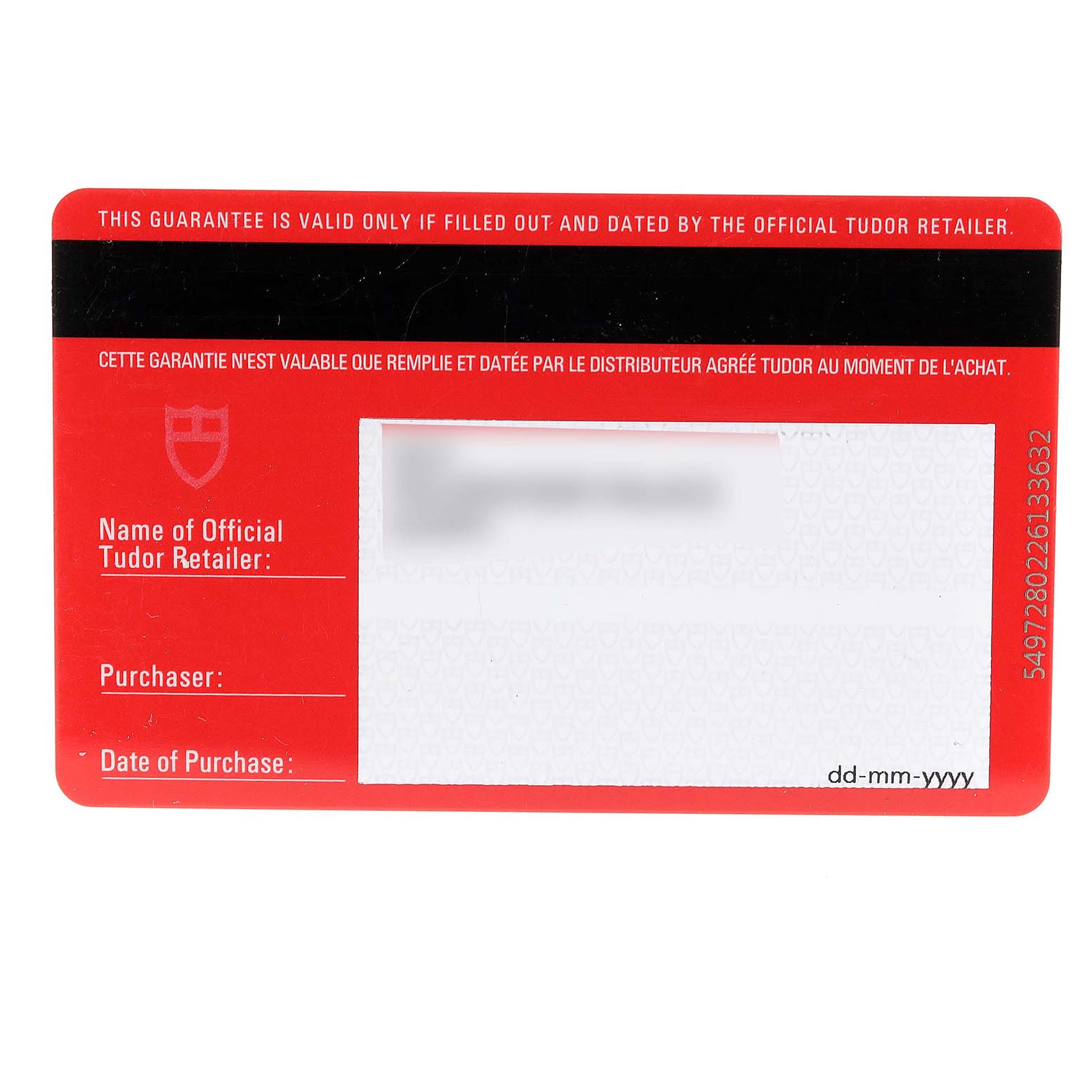 This image shows the warranty card for the Tudor Grantour 20310 Men's Stainless Steel White Dial 20310 Men's Stainless Steel White Dial watch model.