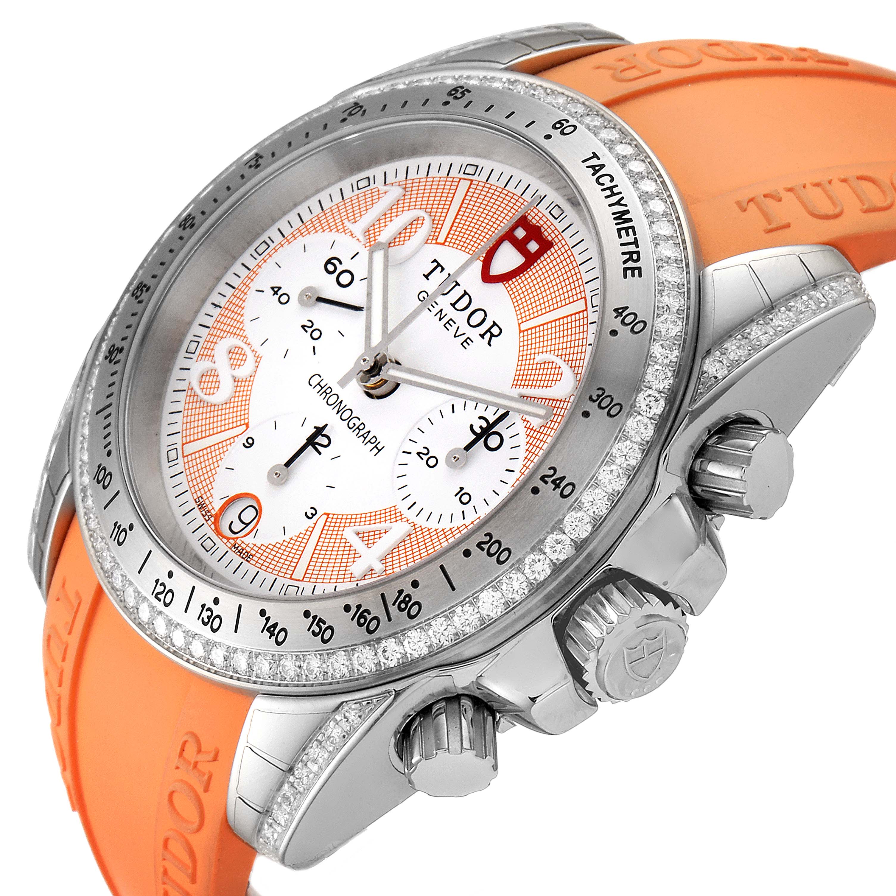 The Tudor Grantour 20310 Men's Stainless Steel White Dial 20310 Men's Stainless Steel White Dial watch is shown at an oblique angle, highlighting the dial, side chronograph buttons, crown, and orange strap.