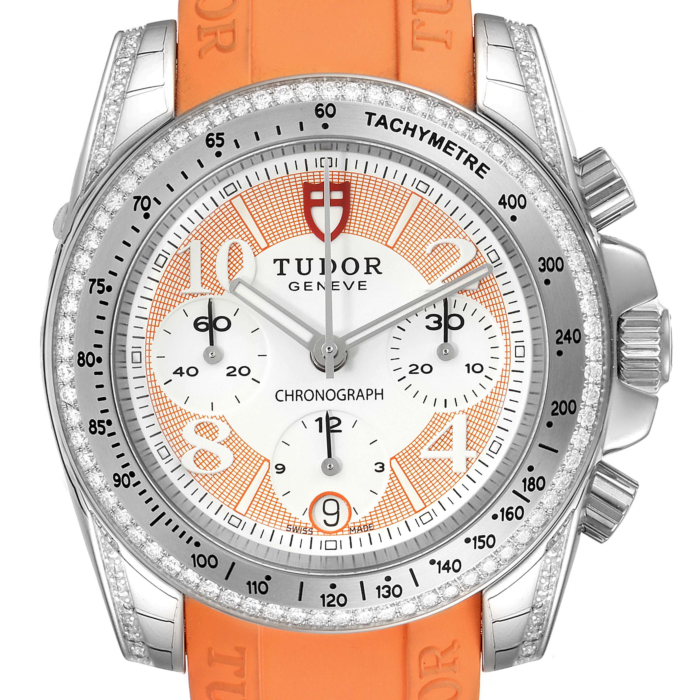The image shows a frontal view of the Tudor Grantour 20310 Men's Stainless Steel White Dial 20310 Men's Stainless Steel White Dial watch, highlighting its orange strap, tachymeter, and chronograph dials.