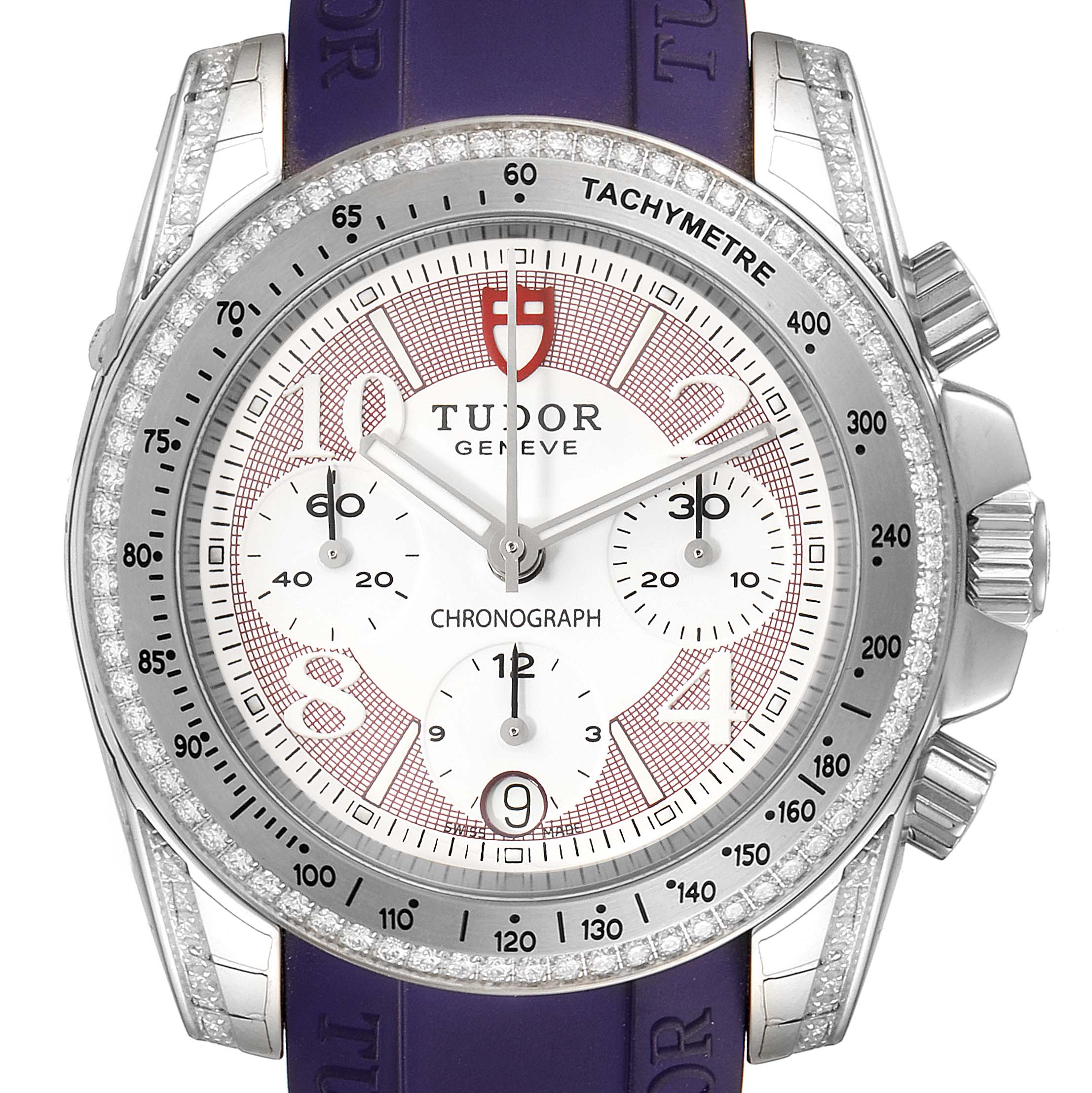 This image shows a frontal view of the Tudor Grantour 20310 Men's Stainless Steel White Dial 20310 Men's Stainless Steel White Dial watch featuring its dial, bezel, and strap.
