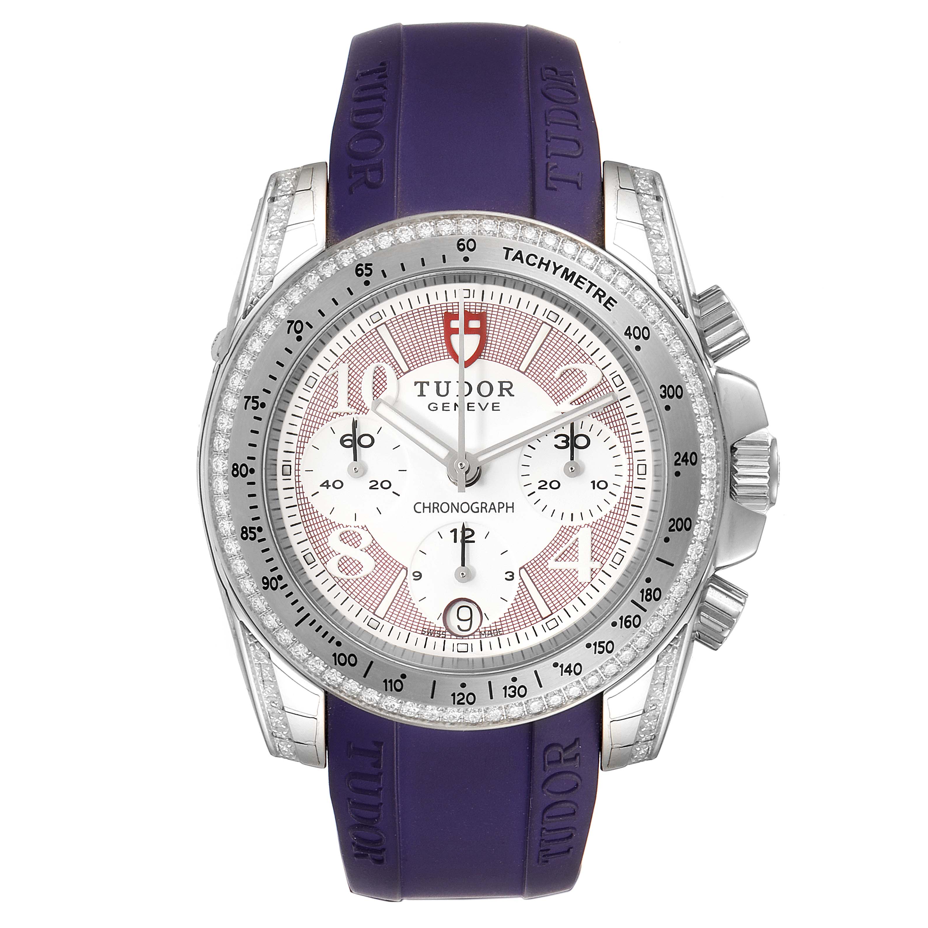 The Grantour model by Tudor is shown from a top-down angle, displaying the watch face, strap, and side buttons.