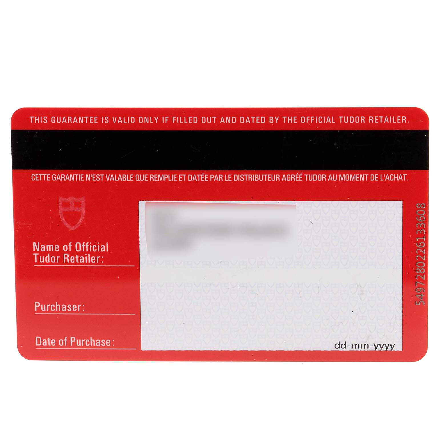 This image shows the warranty card for the Tudor Grantour 20310 Men
s Stainless Steel White Dial 20310 Men
s Stainless Steel White Dial model watch.