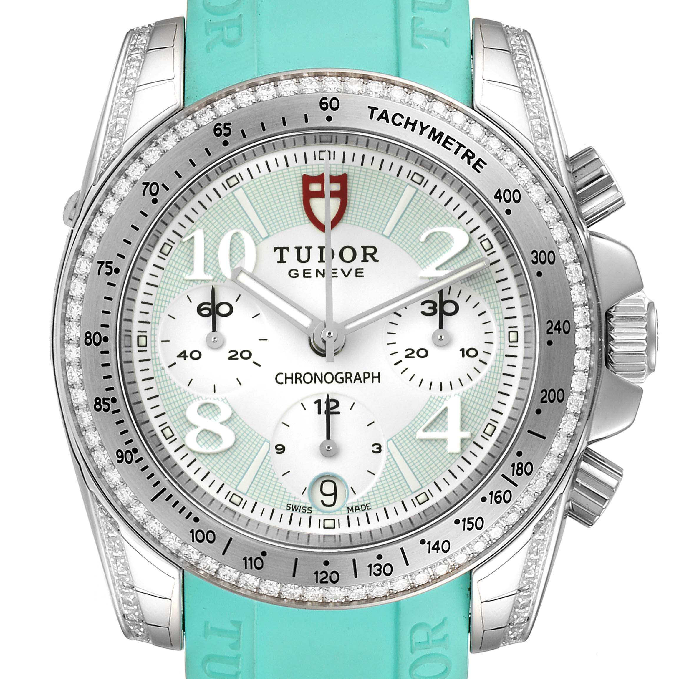 The image shows a top-down view of the Tudor Grantour 20310 Men
s Stainless Steel White Dial 20310 Men
s Stainless Steel White Dial chronograph watch, highlighting its face, bezel, crown, and strap.