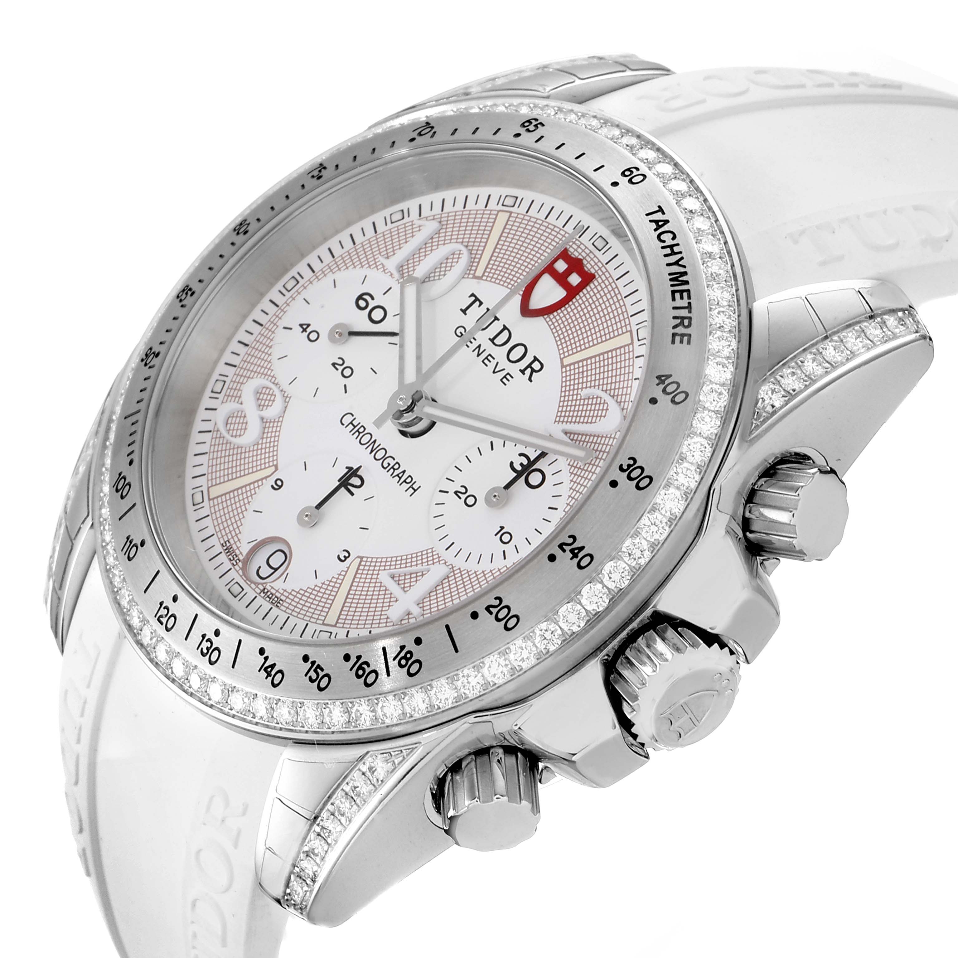 The image shows a close-up angle of the Tudor Grantour 20310 Men's Stainless Steel White Dial 20310 Men's Stainless Steel White Dial watch featuring its dial, crown, and pushers.