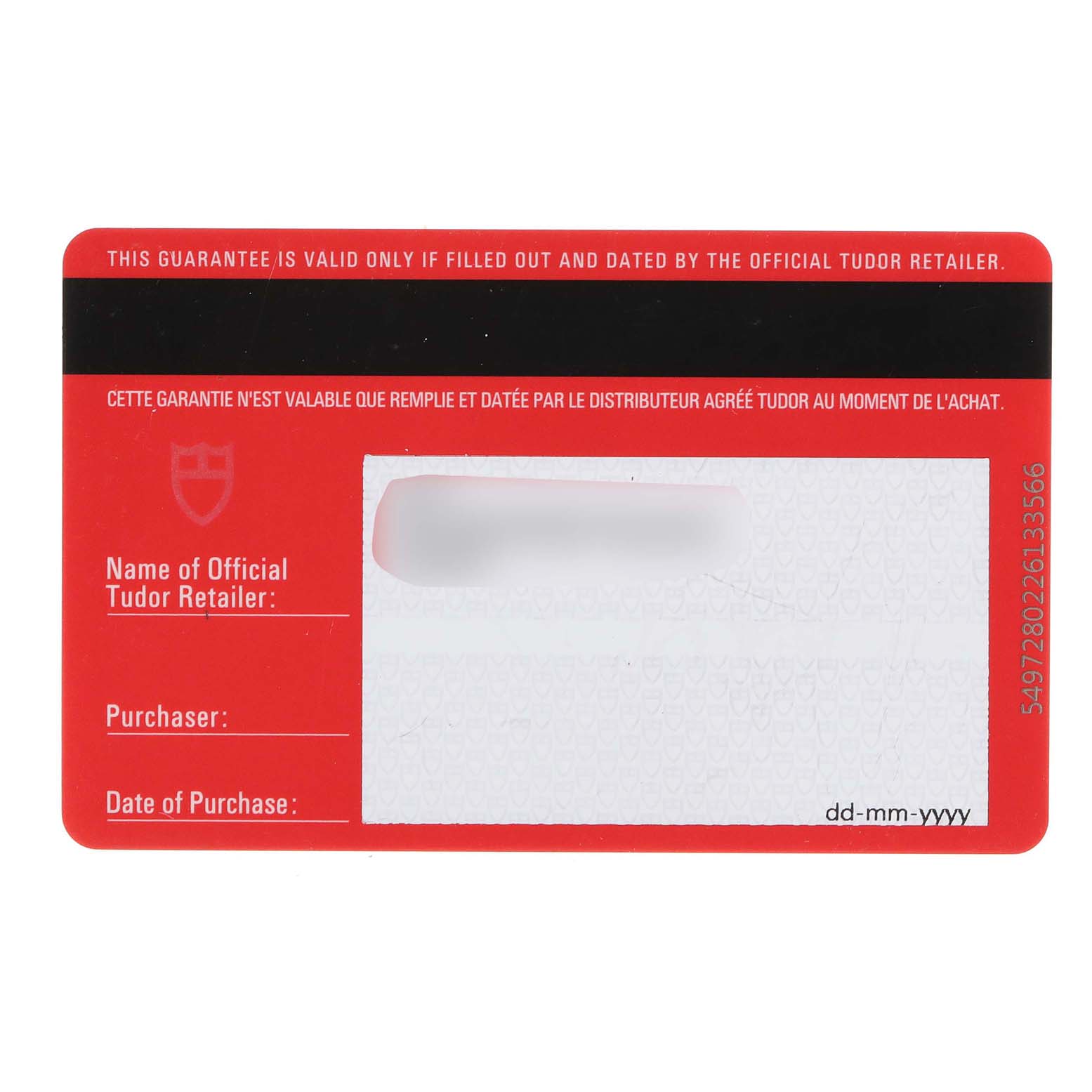 This image shows the warranty card for a Tudor Grantour 20310 Men's Stainless Steel White Dial 20310 Men's Stainless Steel White Dial watch, featuring spaces for retailer and purchaser information.