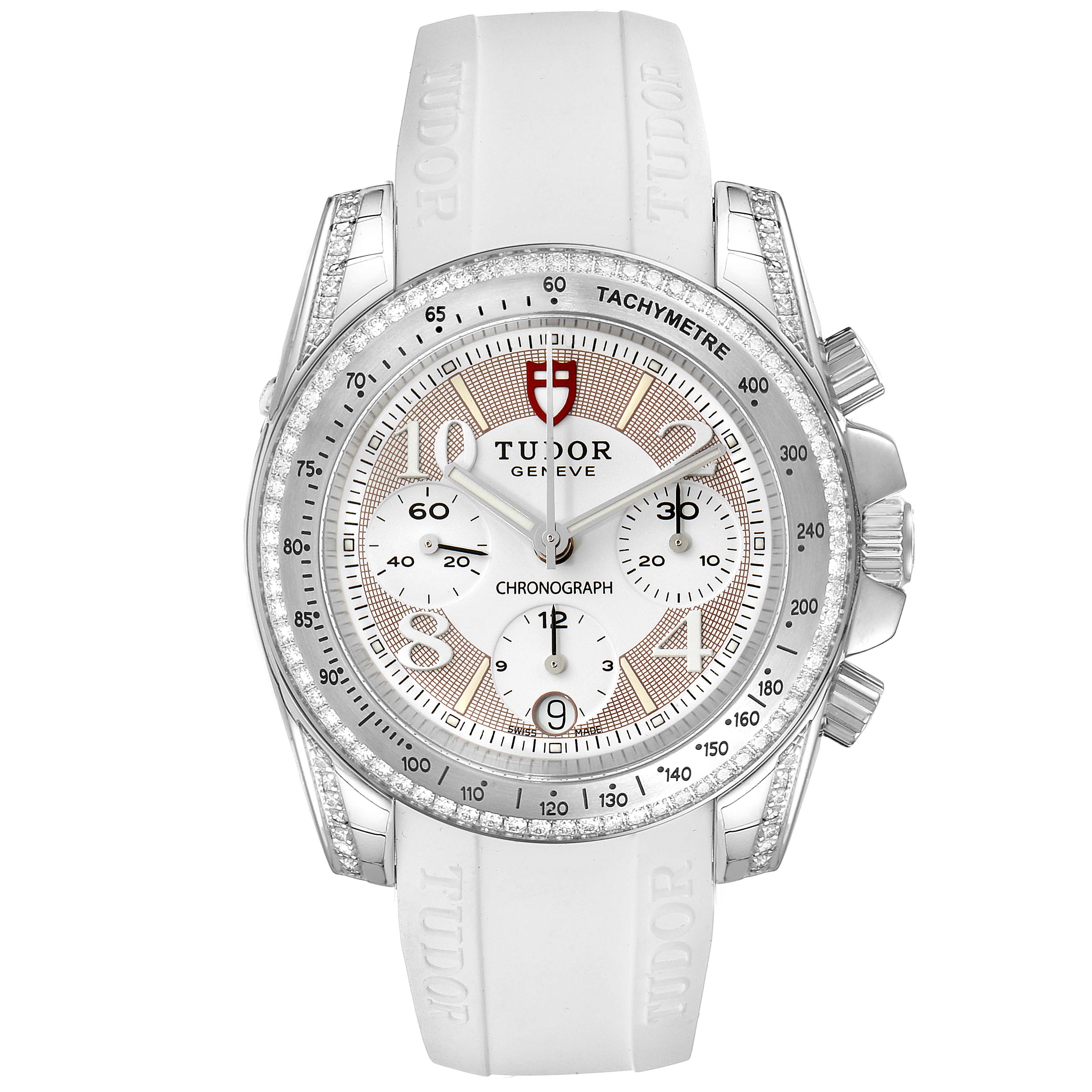 This image shows the Tudor Grantour 20310 Men's Stainless Steel White Dial 20310 Men's Stainless Steel White Dial watch from a top-down angle, highlighting its face, bezel, and white rubber strap.
