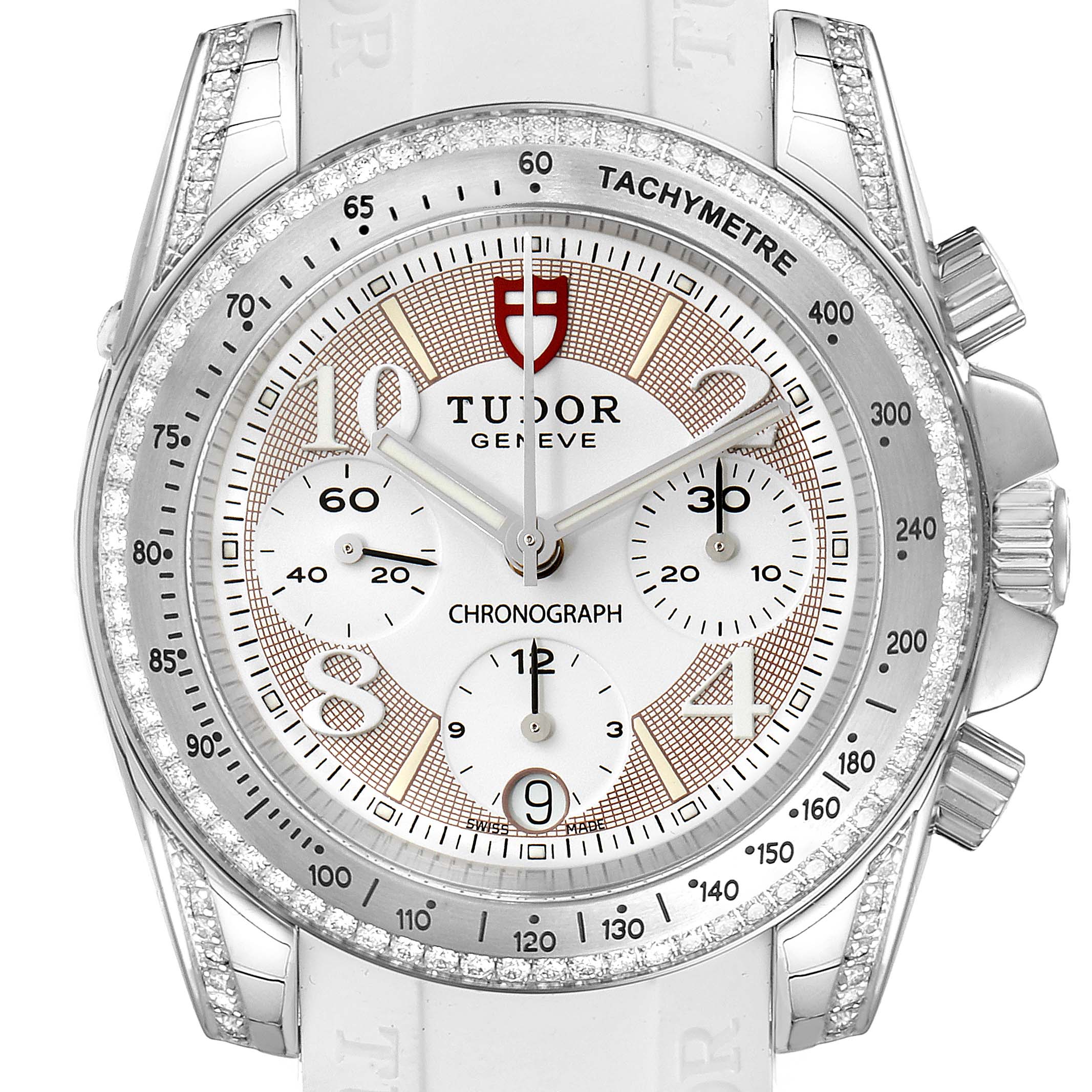 The Tudor Grantour 20310 Men's Stainless Steel White Dial 20310 Men's Stainless Steel White Dial watch is shown from the front, highlighting its polished bezel, chronograph dials, and tachymeter scale.