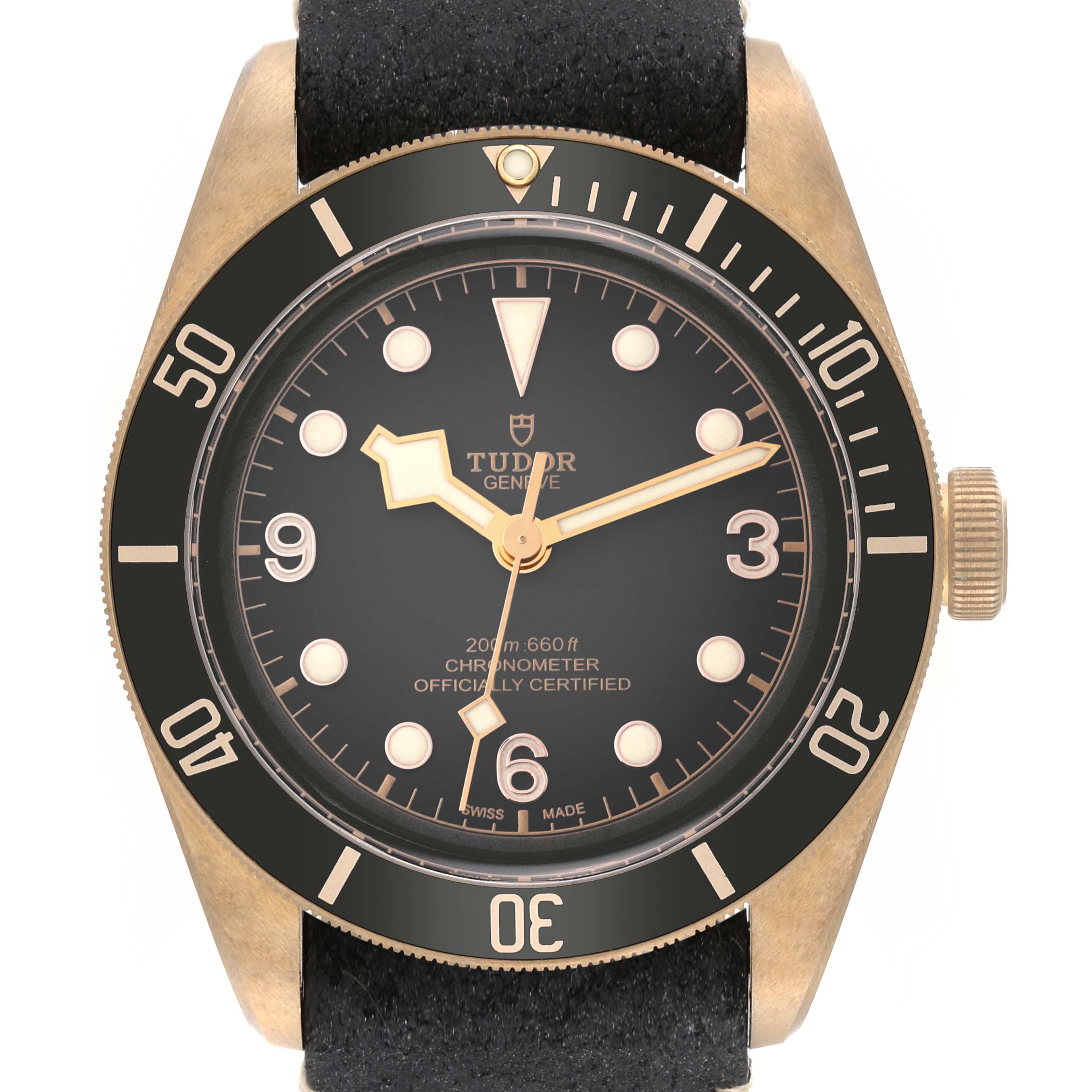 The image shows a front view of the Tudor Heritage Black Bay 79250B Men's Bronze Grey Dial 79250B Men's Bronze Grey Dial watch, showcasing its dial, bezel, and crown.
