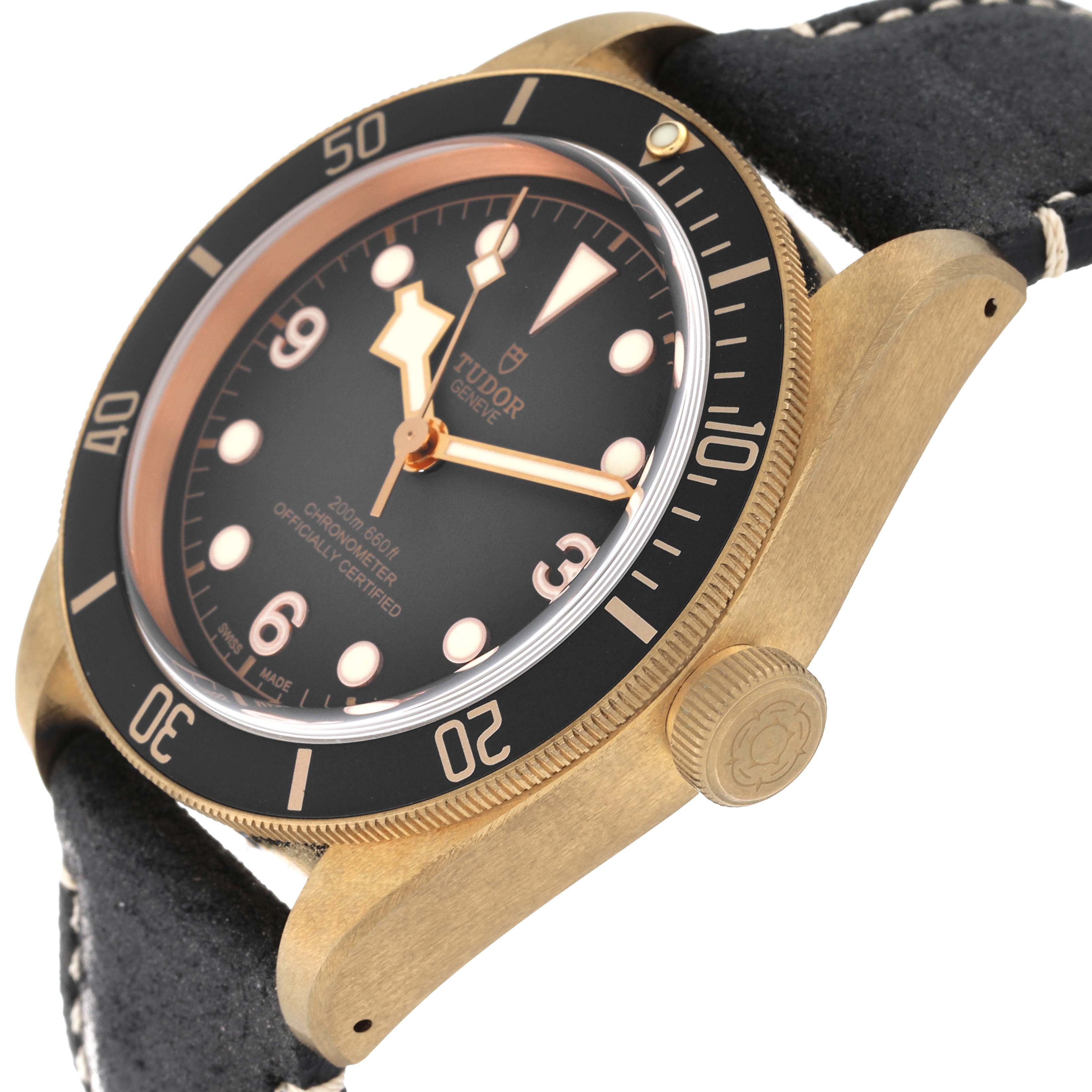 The image shows a side view of the Tudor Heritage Black Bay 79250B Men's Bronze Grey Dial 79250B Men's Bronze Grey Dial watch, highlighting its dial, bezel, and crown.
