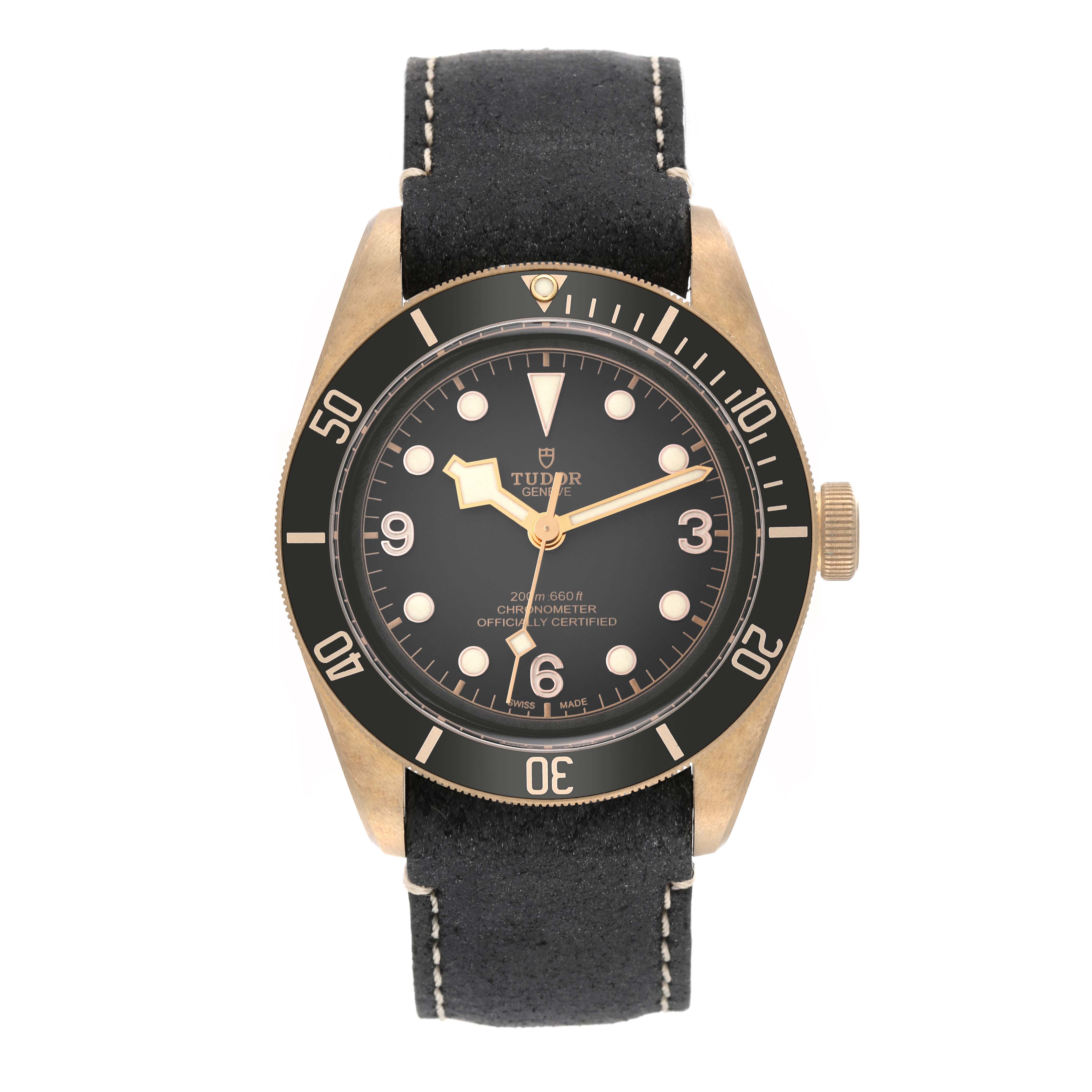 The image shows a Tudor Heritage Black Bay 79250B Men's Bronze Grey Dial 79250B Men's Bronze Grey Dial watch from the front, displaying the dial, bezel, and strap in detail.