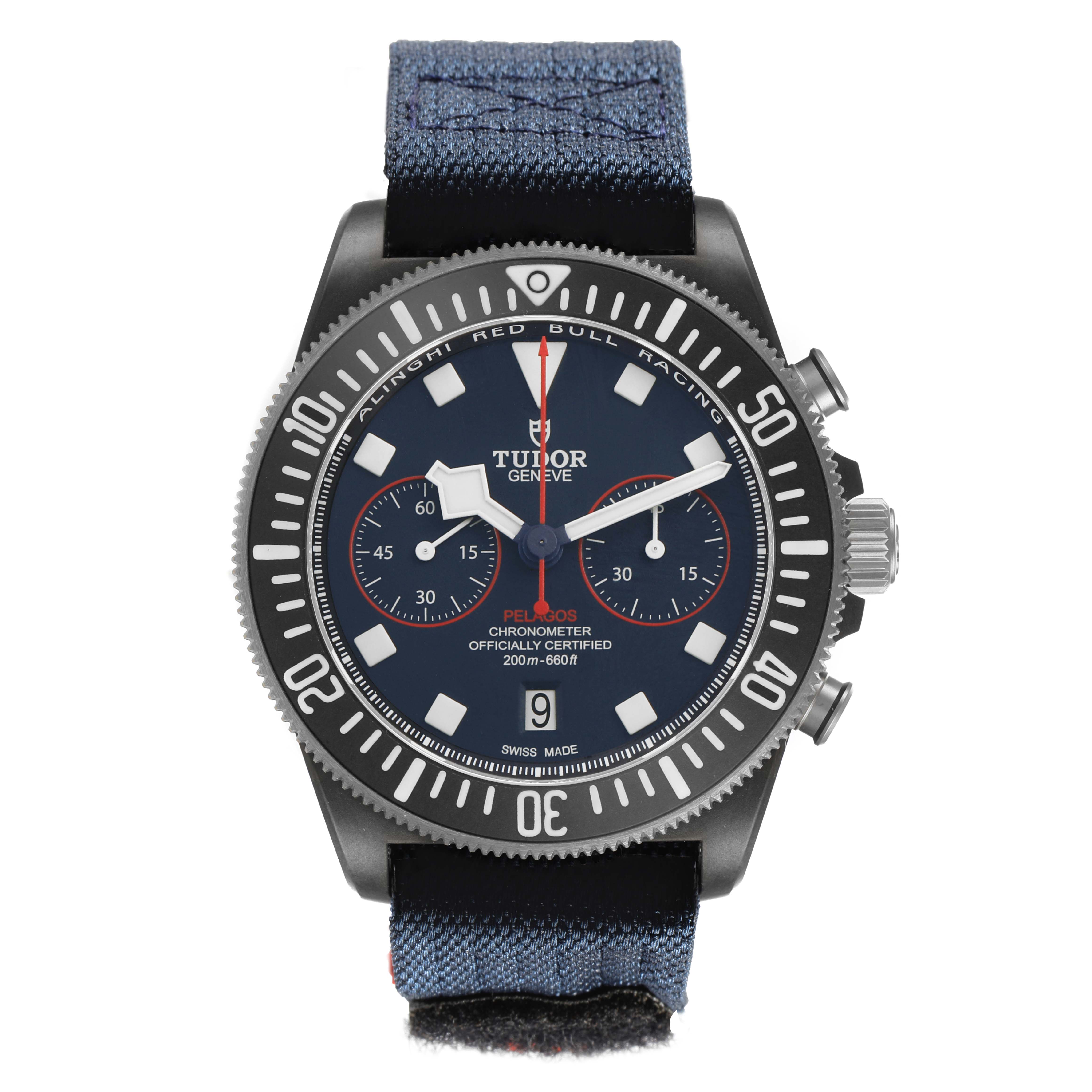 The Tudor Pelagos M25807KN Men's Ceramic Blue Dial watch is shown from a front view, highlighting the dial, bezel, crown, and fabric strap.