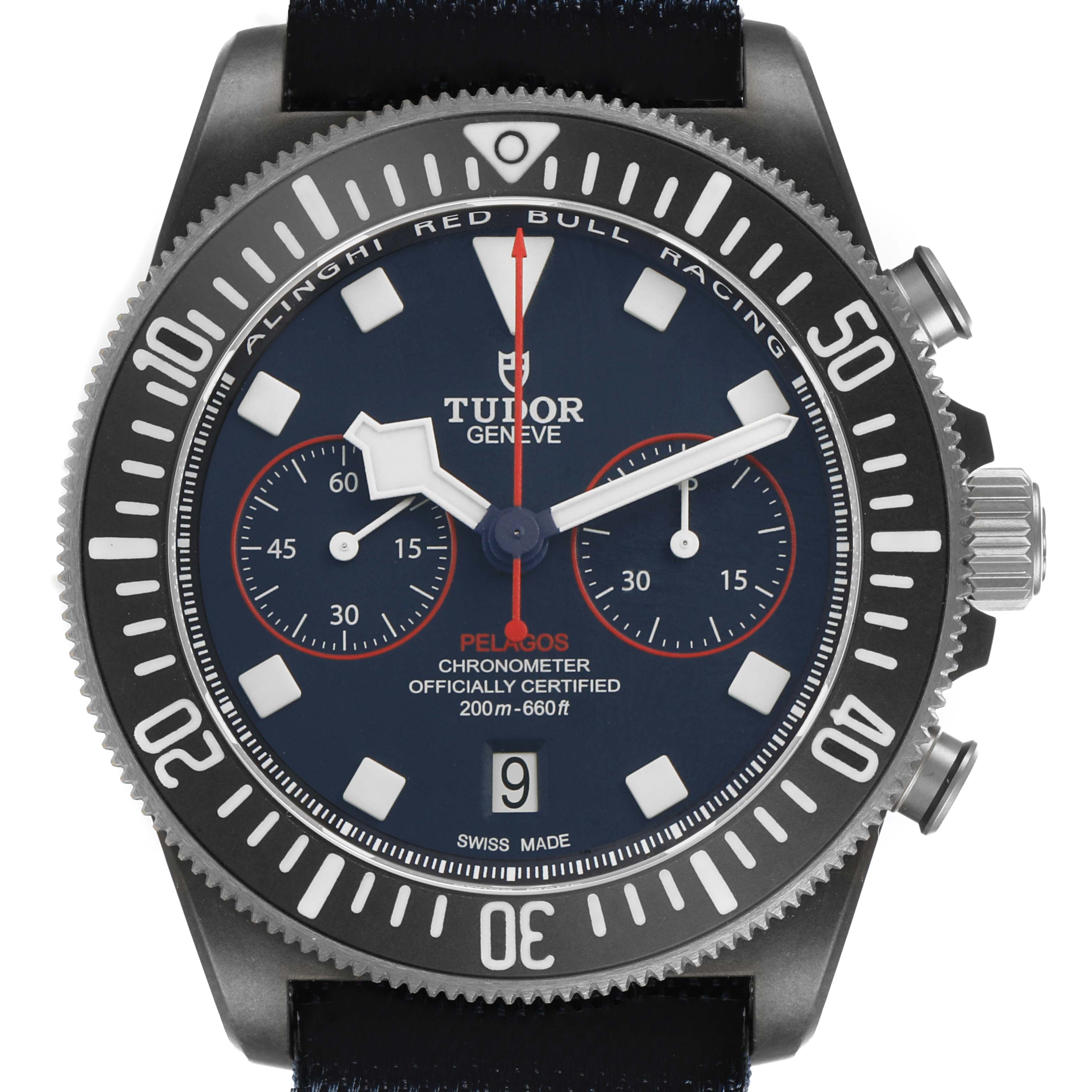 The Tudor Pelagos M25807KN Men's Ceramic Blue Dial watch is shown from the front, displaying its dial, bezel, crown, and strap attachment points.