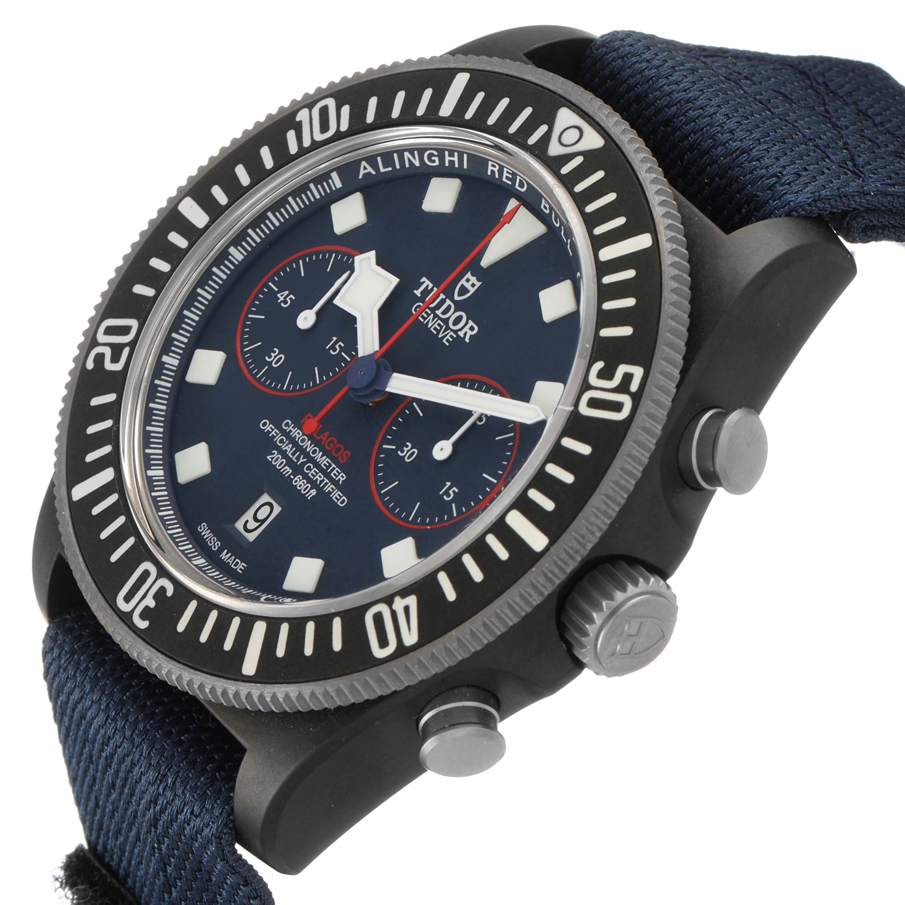 The Tudor Pelagos M25807KN Men's Ceramic Blue Dial watch is shown at an angle displaying the dial, bezel, crown, buttons, and part of the strap.