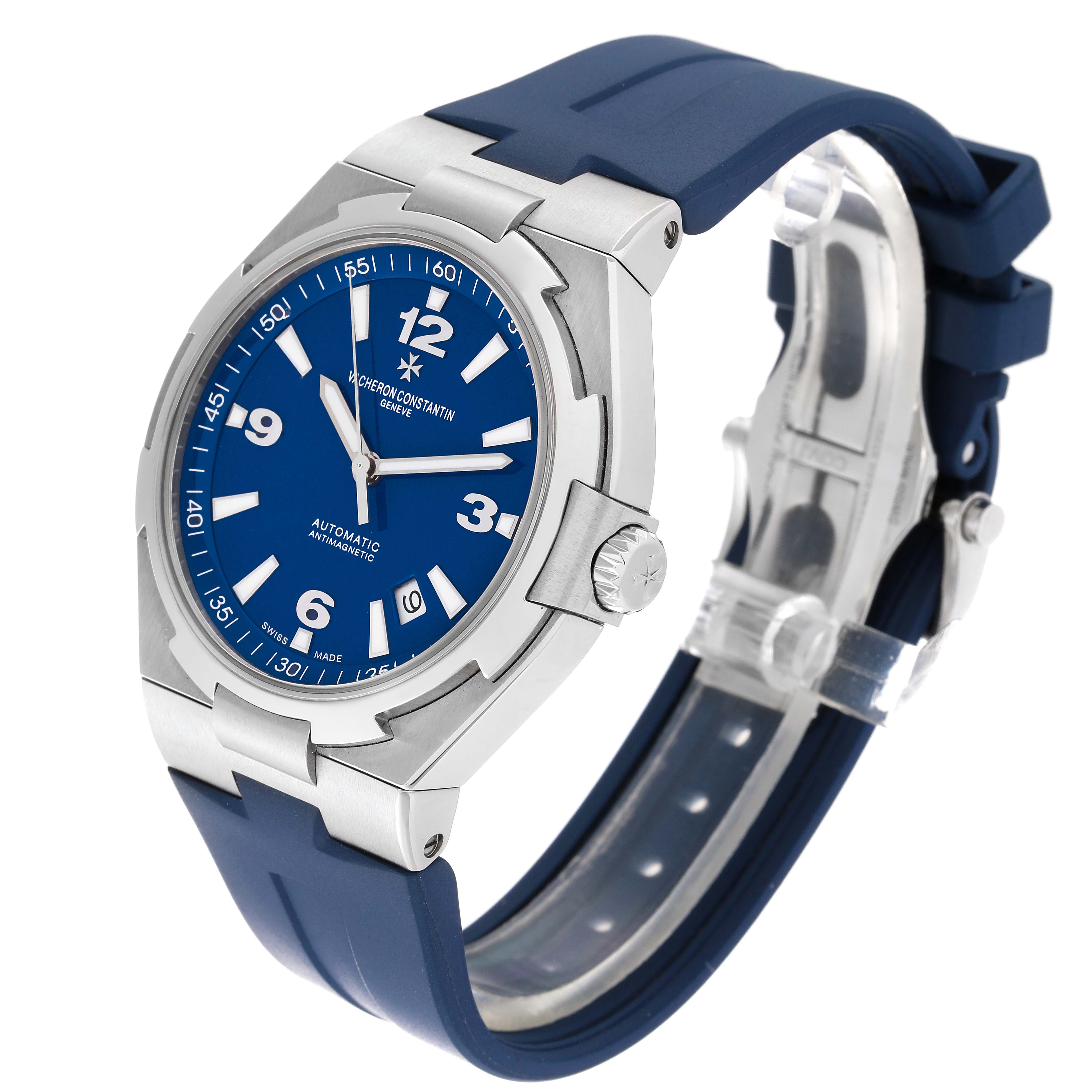 The image shows a Vacheron Constantin Overseas 47040/000A Men's Stainless Steel Blue Dial 47040/000A Men's Stainless Steel Blue Dial model watch from a three-quarter angle, displaying the face, crown, and strap.