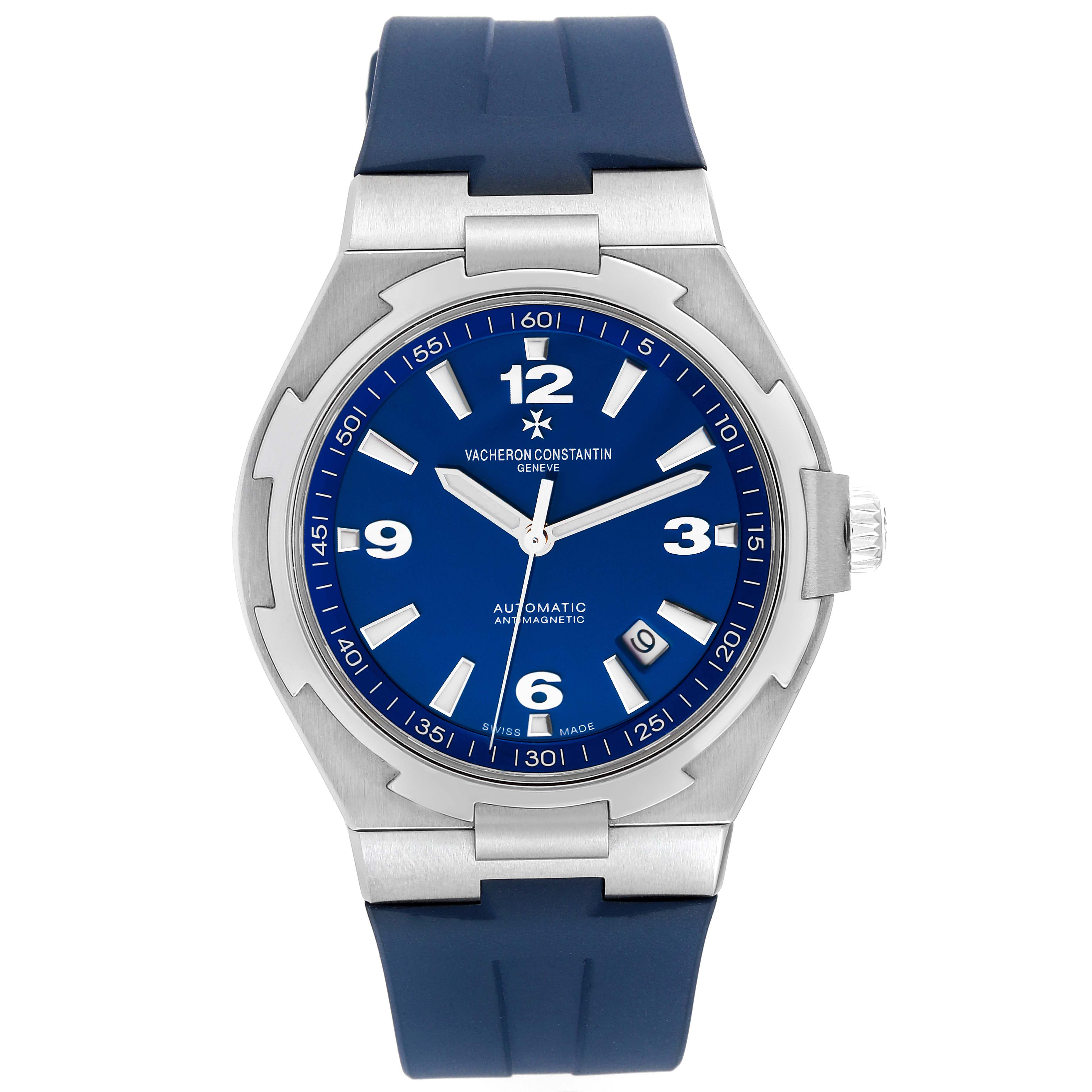This image shows the Vacheron Constantin Overseas 47040/000A Men's Stainless Steel Blue Dial 47040/000A Men's Stainless Steel Blue Dial watch model from a front angle, displaying the dial, case, bezel, and strap.