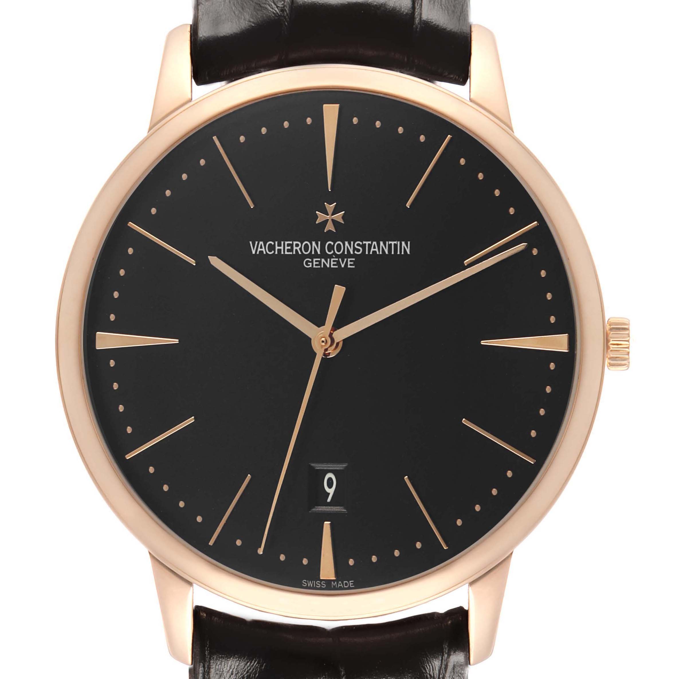 The Vacheron Constantin Patrimony 85180/000R-9232 Men's Rose Gold Black Dial watch is shown from a front view, highlighting the dial, hands, and date window.