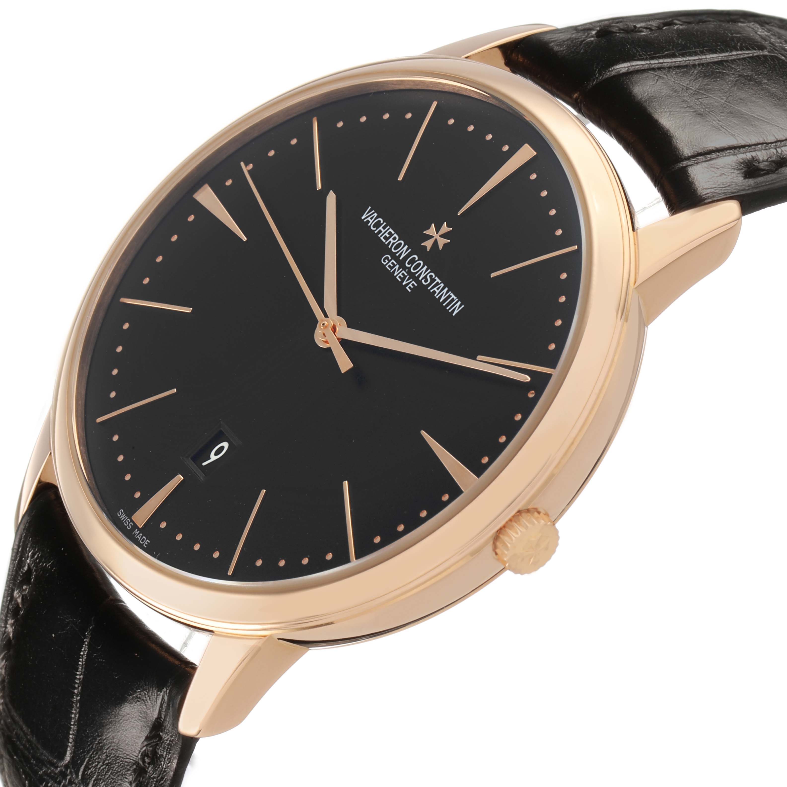 The Vacheron Constantin Patrimony 85180/000R-9232 Men's Rose Gold Black Dial watch is shown at a slight angle, highlighting the dial, case, crown, and part of the strap.