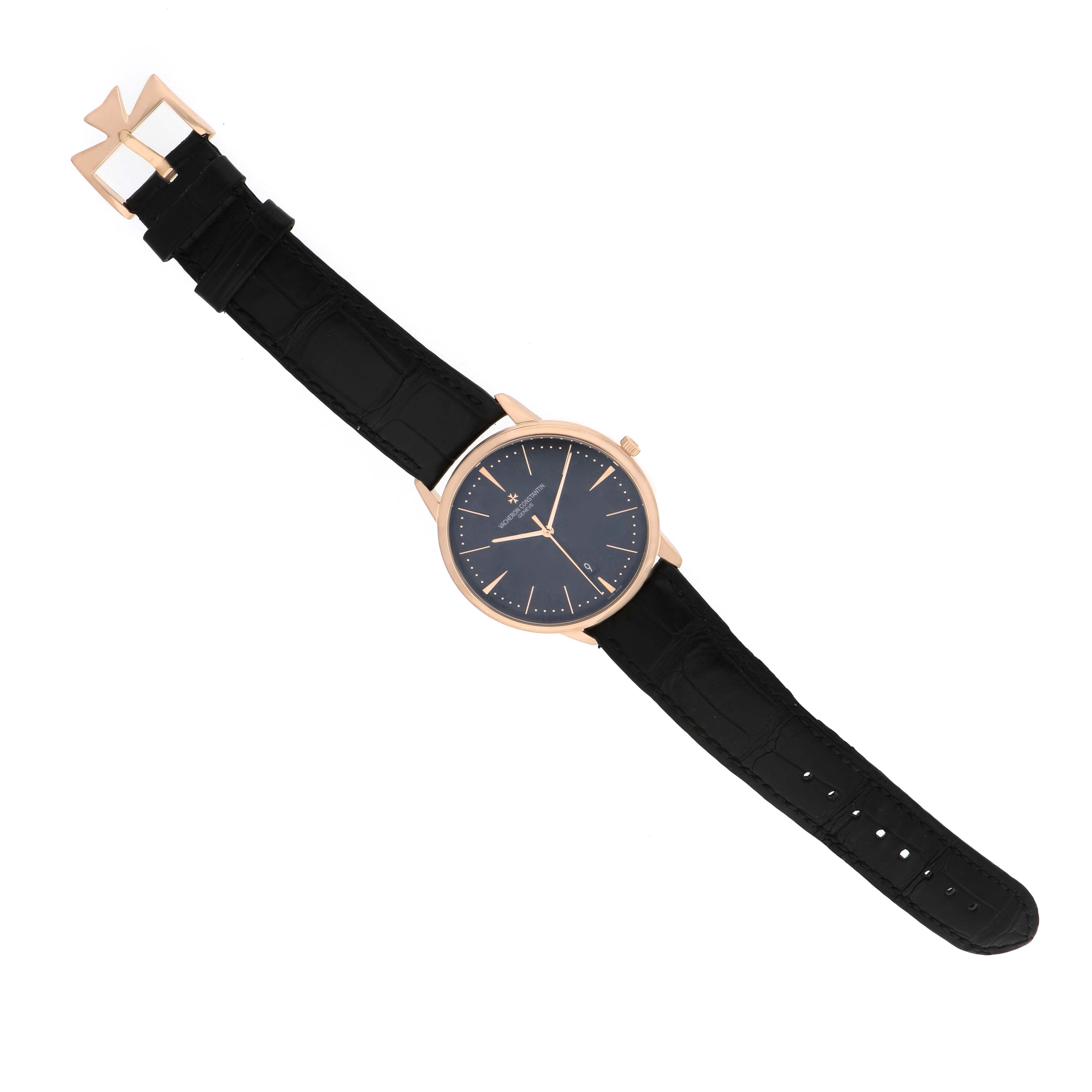 The Vacheron Constantin Patrimony 85180/000R-9232 Men's Rose Gold Black Dial watch is shown from a top-down angle, displaying the face, case, strap, and buckle.
