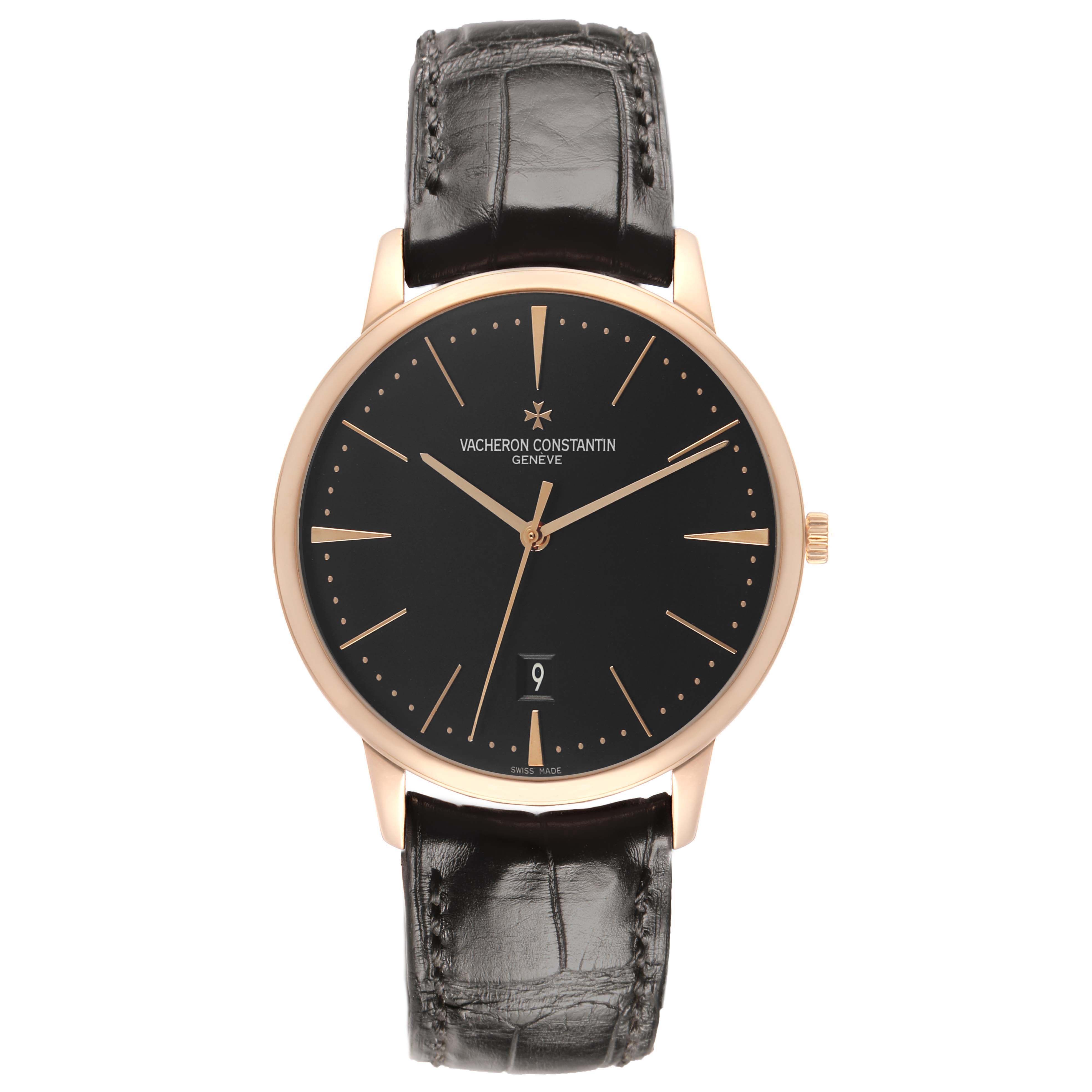 The image shows a front view of the Vacheron Constantin Patrimony 85180/000R-9232 Men's Rose Gold Black Dial watch, highlighting its dial, hands, and strap.