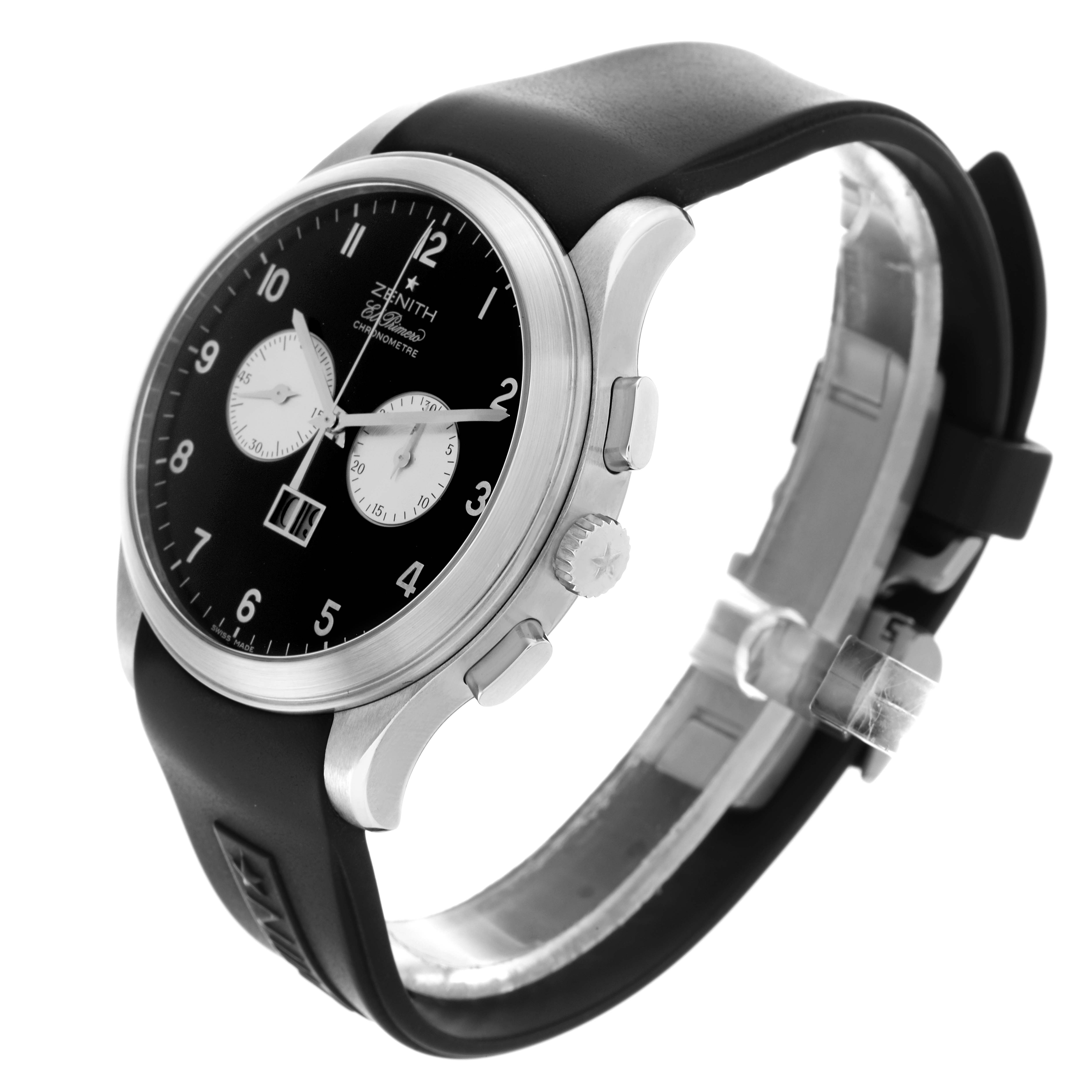 The Zenith El Primero 03.0520.4010/01.R511 Men's Stainless Steel Black Dial 03.0520.4010/01.R511 Men's Stainless Steel Black Dial watch is shown at a three-quarter angle, highlighting the face, crown, pushers, and strap.