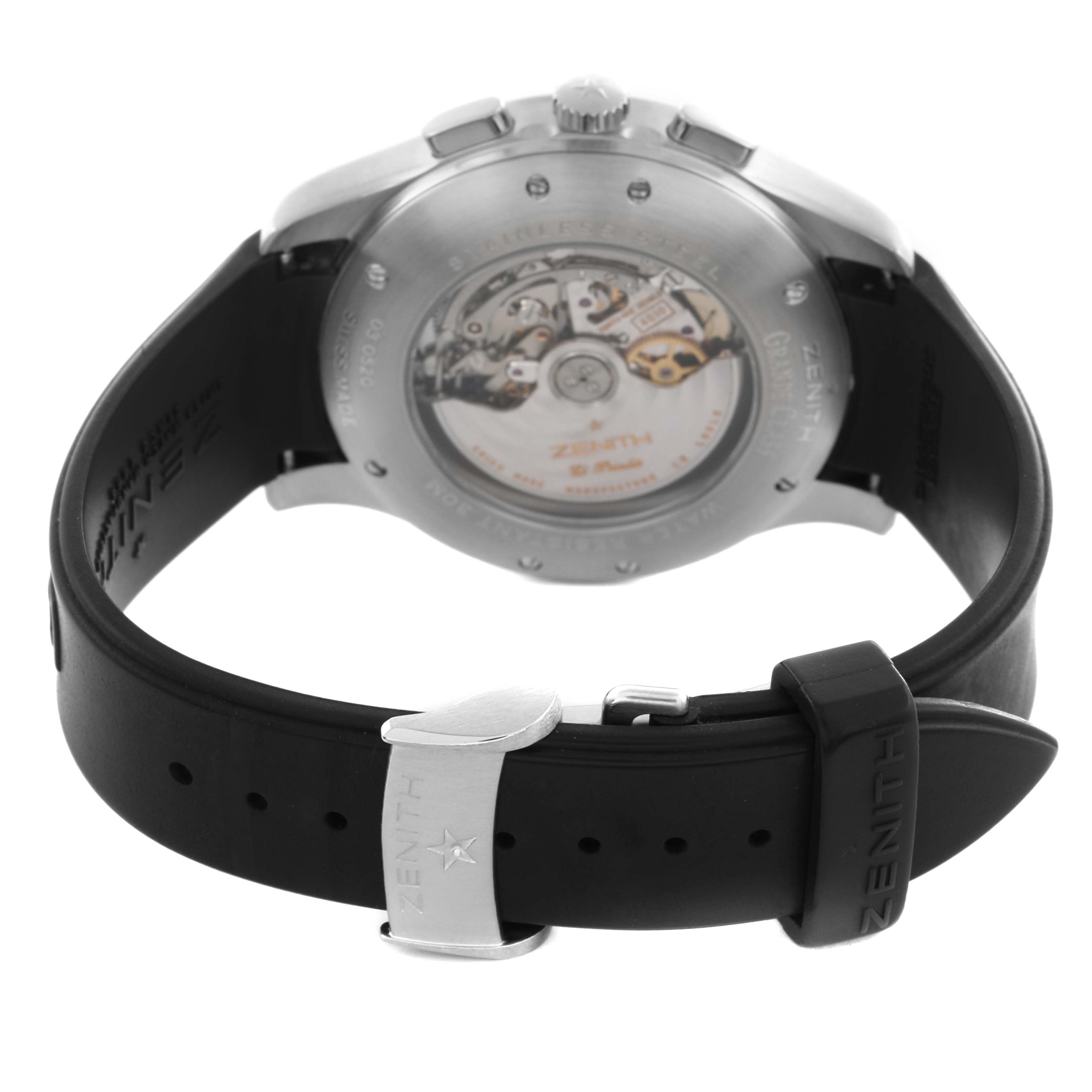 The image shows the back of the Zenith El Primero 03.0520.4010/01.R511 Men's Stainless Steel Black Dial 03.0520.4010/01.R511 Men's Stainless Steel Black Dial watch, highlighting the exhibition caseback and strap clasp.