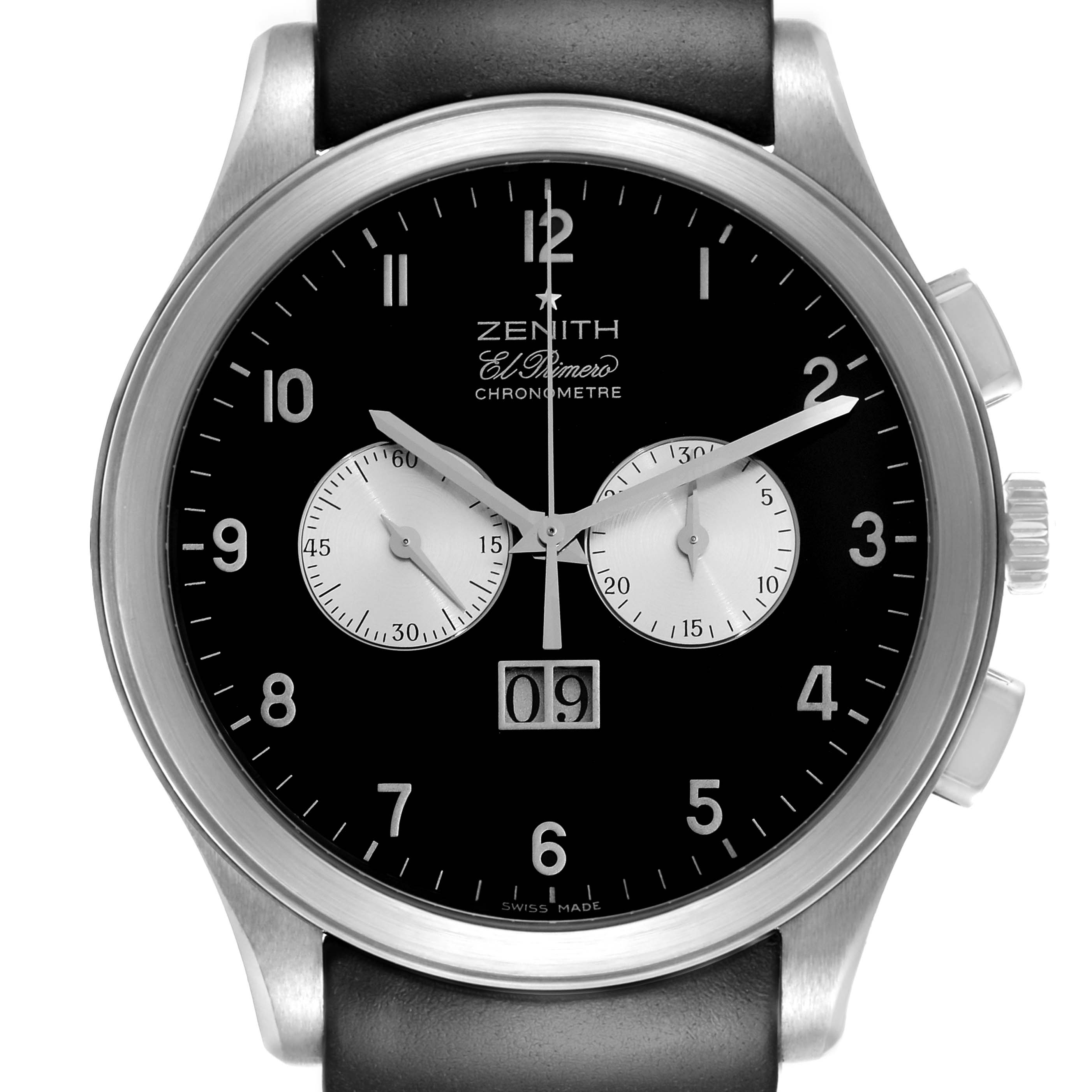 The Zenith El Primero 03.0520.4010/01.R511 Men's Stainless Steel Black Dial 03.0520.4010/01.R511 Men's Stainless Steel Black Dial watch is shown from the front, displaying the dial, hands, sub-dials, and crown.