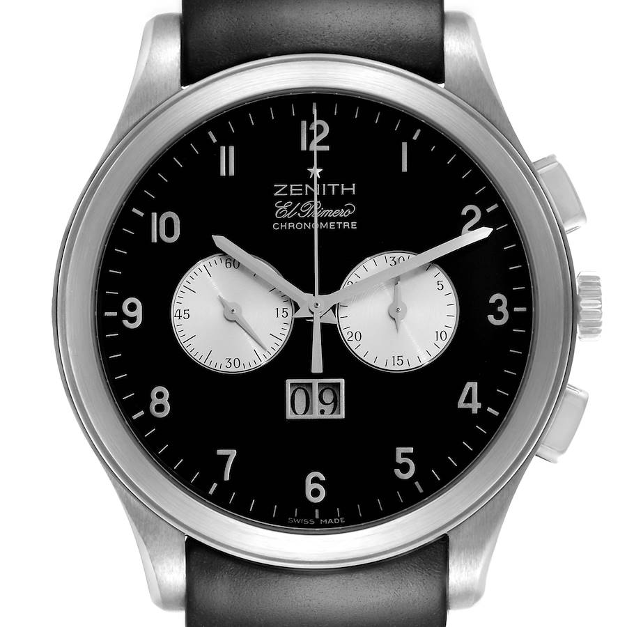 The Zenith El Primero watch is shown from the front, displaying the dial, hands, sub-dials, and crown.
