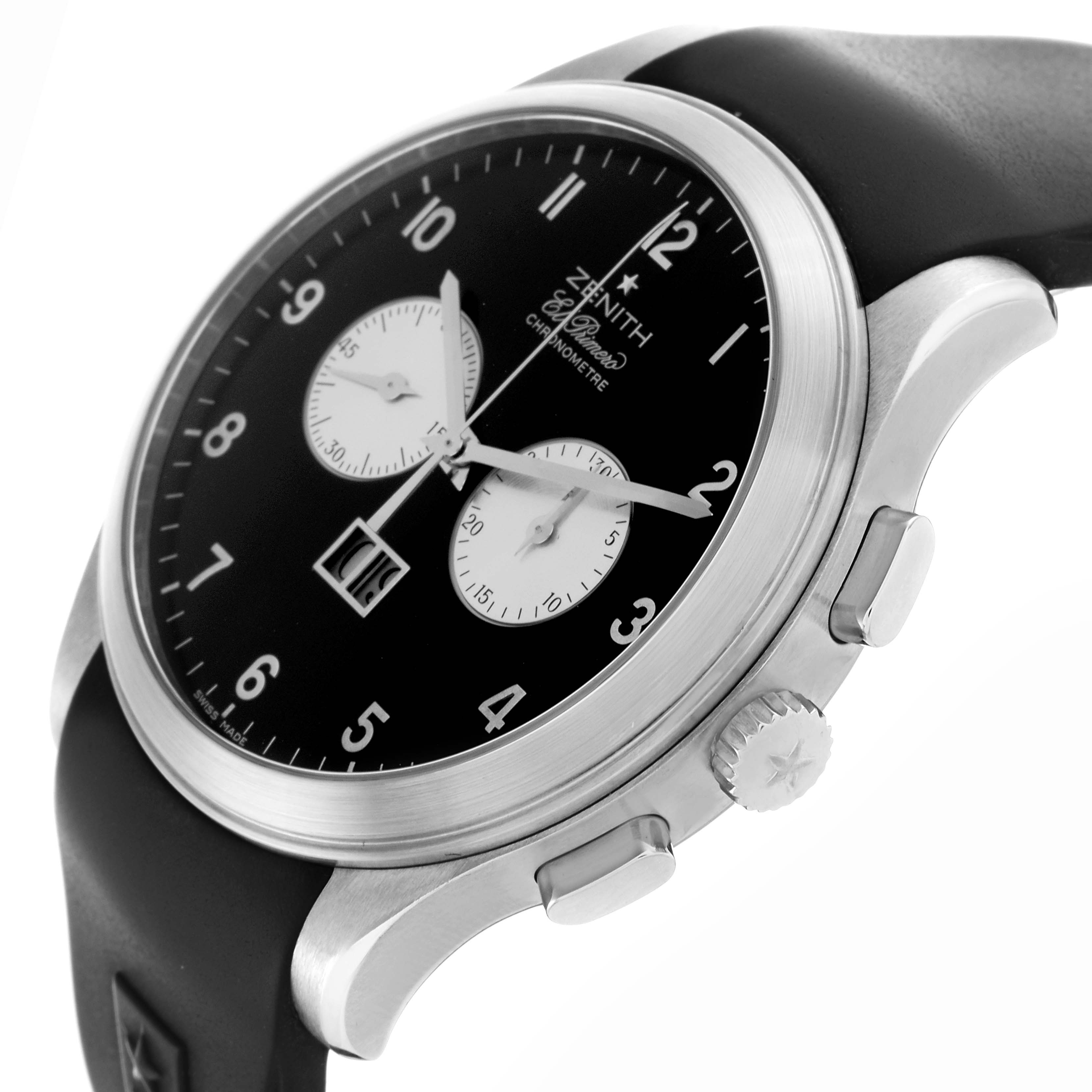 The Zenith El Primero 03.0520.4010/01.R511 Men's Stainless Steel Black Dial 03.0520.4010/01.R511 Men's Stainless Steel Black Dial watch is shown from a side angle highlighting the dial, crown, pushers, and part of the strap.