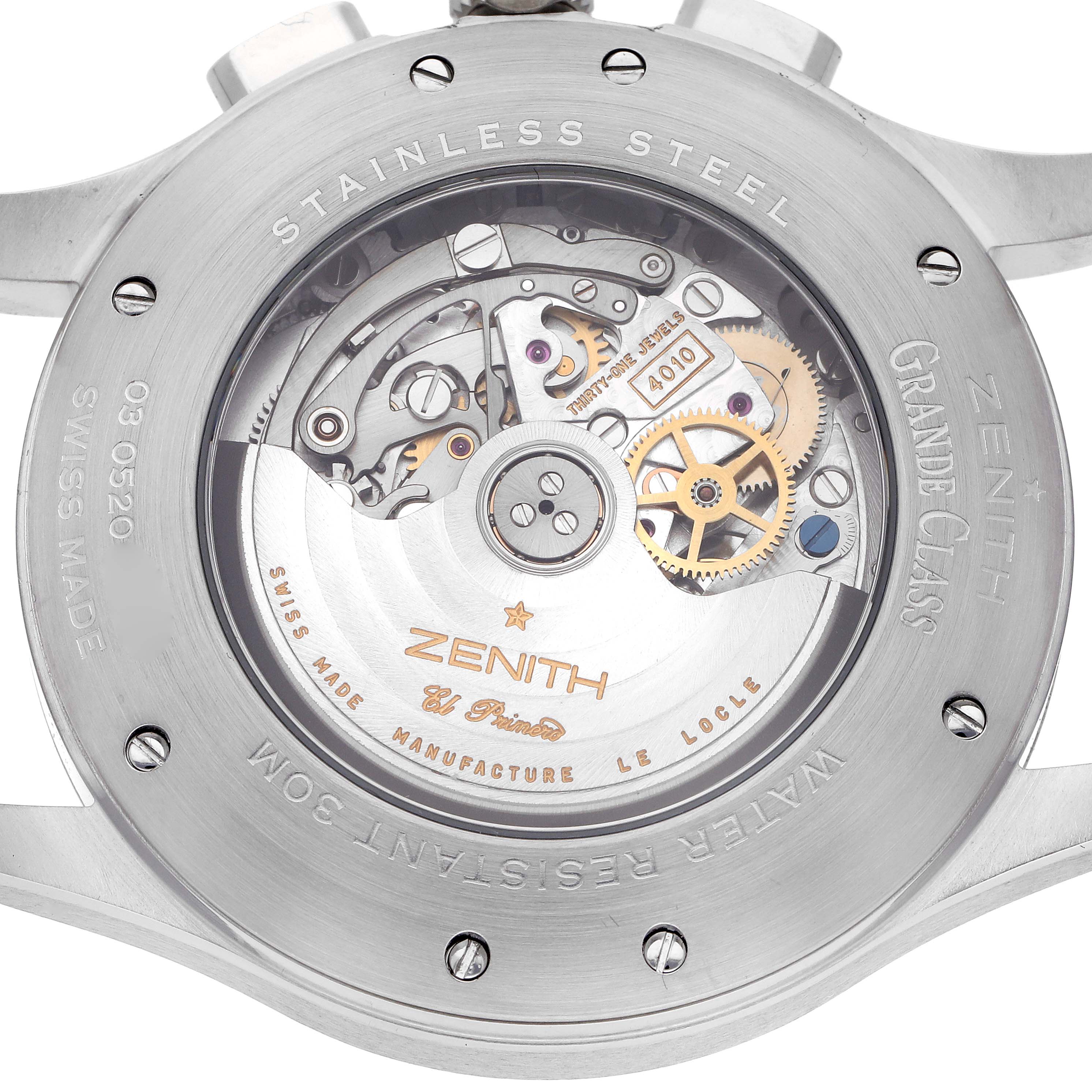 The image shows the case back of the Zenith El Primero 03.0520.4010/01.R511 Men's Stainless Steel Black Dial 03.0520.4010/01.R511 Men's Stainless Steel Black Dial watch, revealing its movement and inner mechanisms.