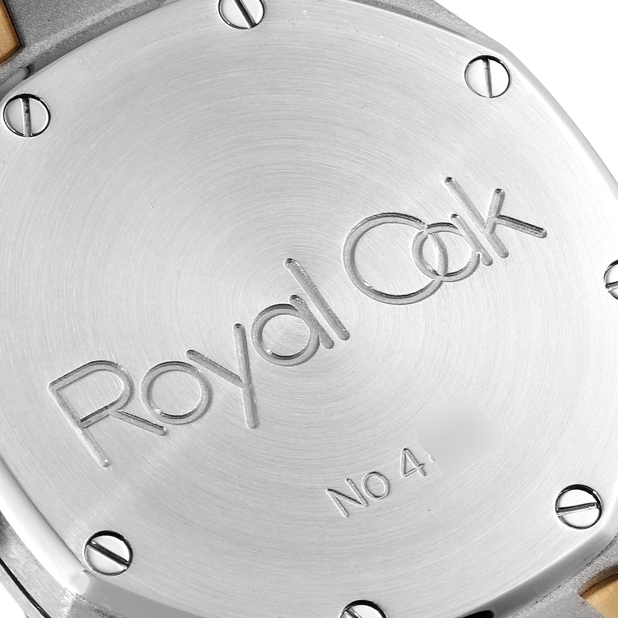 This image shows the case back of a Royal Oak model by Audemars Piguet from a close-up angle.