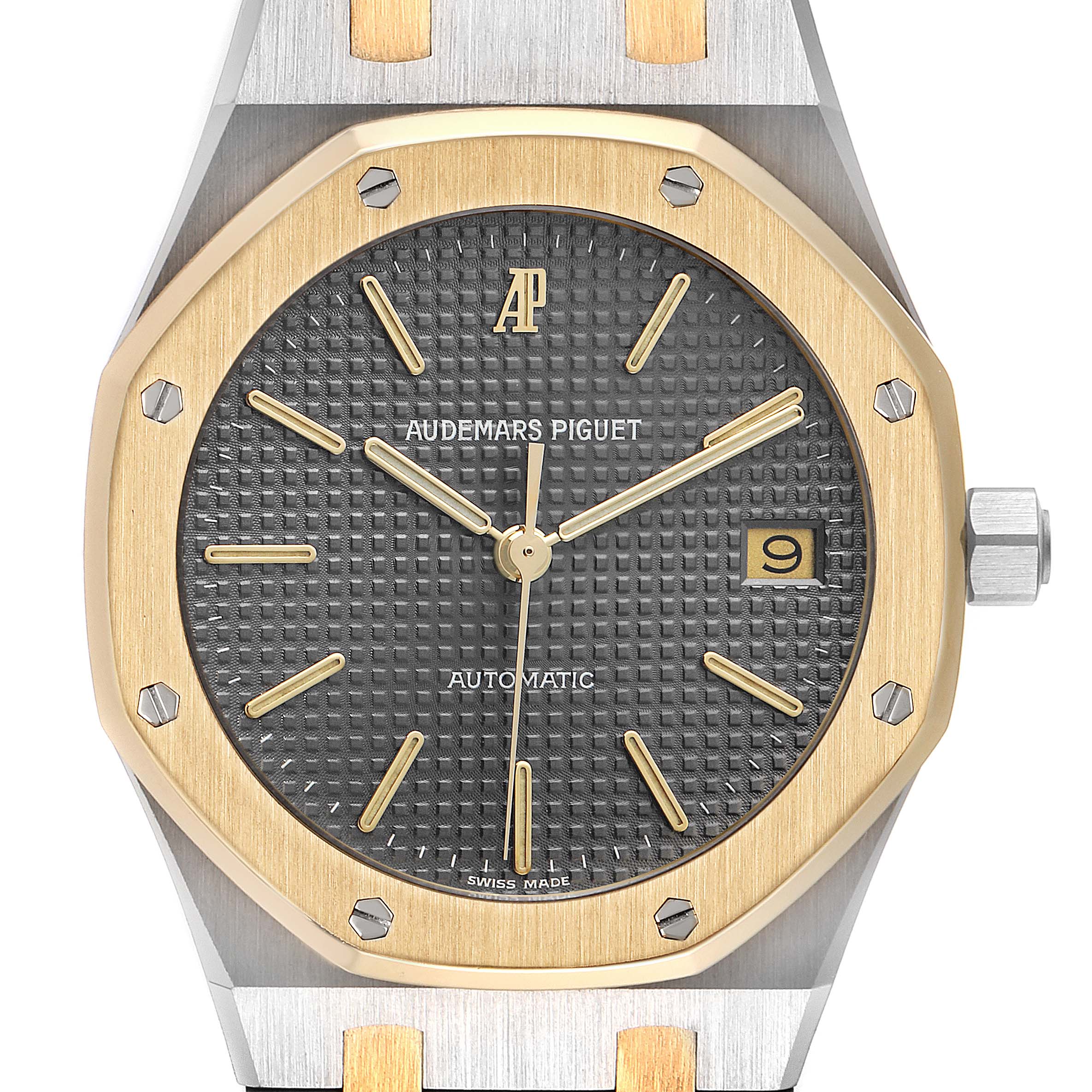 This is a close-up view of the Audemars Piguet Royal Oak 14700SA.00.0789SA.01.B Men's Steel and Gold (two tone) Grey Dial 14700SA.00.0789SA.01.B Men's Steel and Gold (two tone) Grey Dial, showing the dial, bezel, and part of the bracelet.