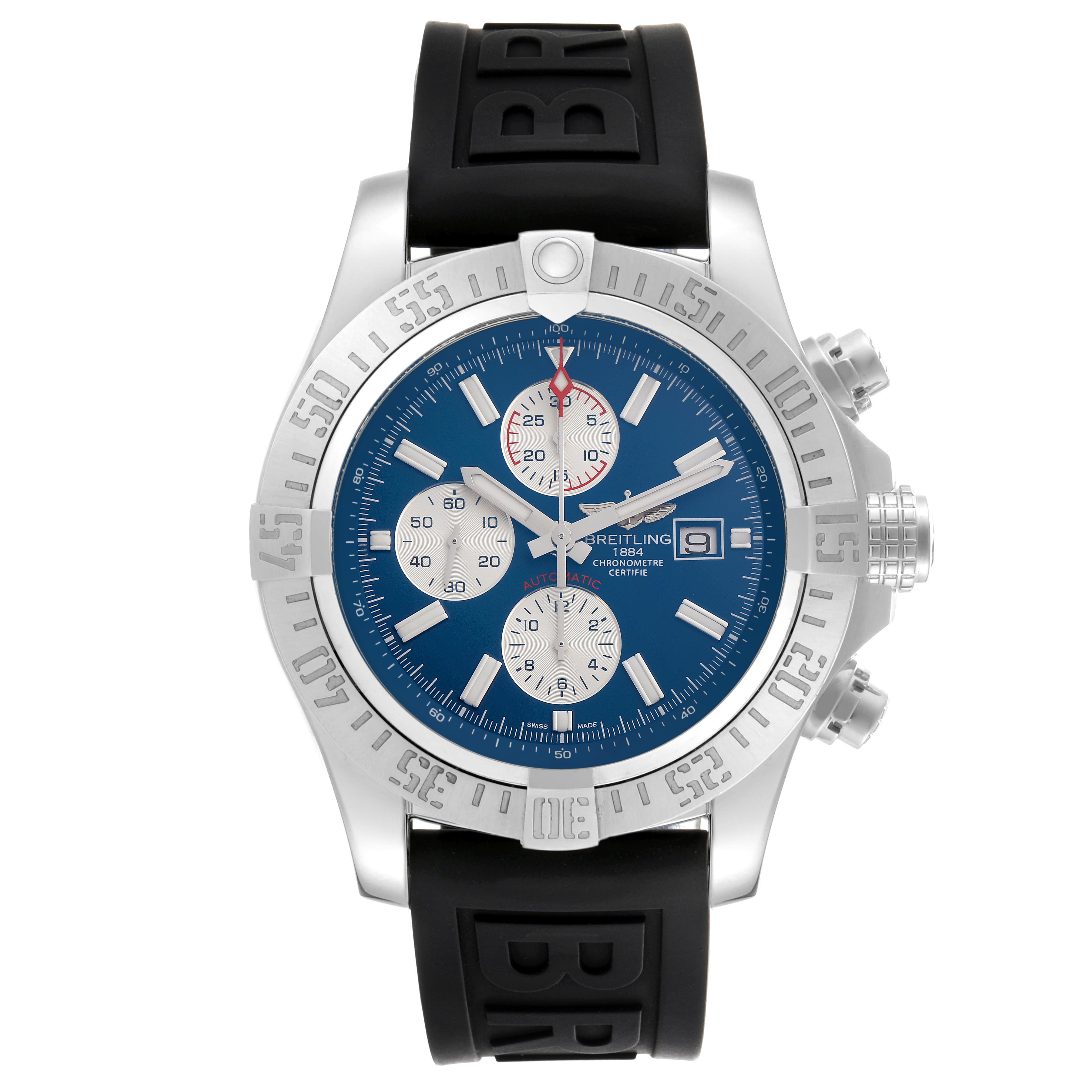 The Breitling Avenger A13371 Men's Stainless Steel Blue Dial A13371 Men's Stainless Steel Blue Dial watch is shown from the front, highlighting the dial, bezel, and rubber strap.