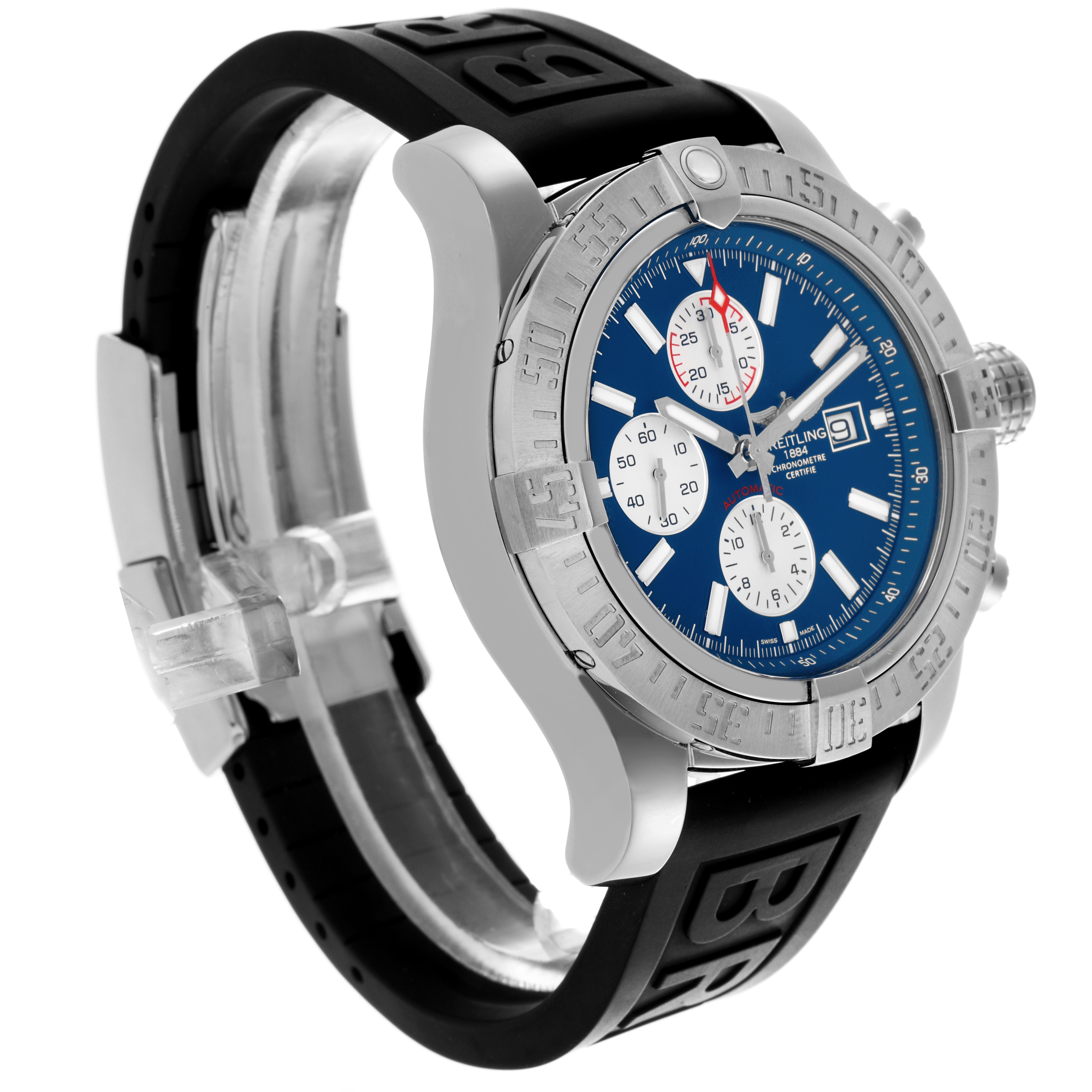 The Breitling Avenger A13371 Men's Stainless Steel Blue Dial A13371 Men's Stainless Steel Blue Dial watch is shown from a side angle, displaying the case, bezel, dial, and strap details.