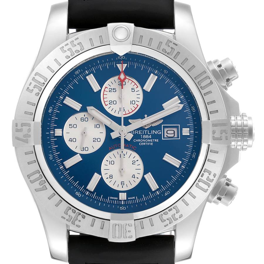 The Breitling Avenger watch is shown from a front view, highlighting the bezel, dial, subdials, and pushers.
